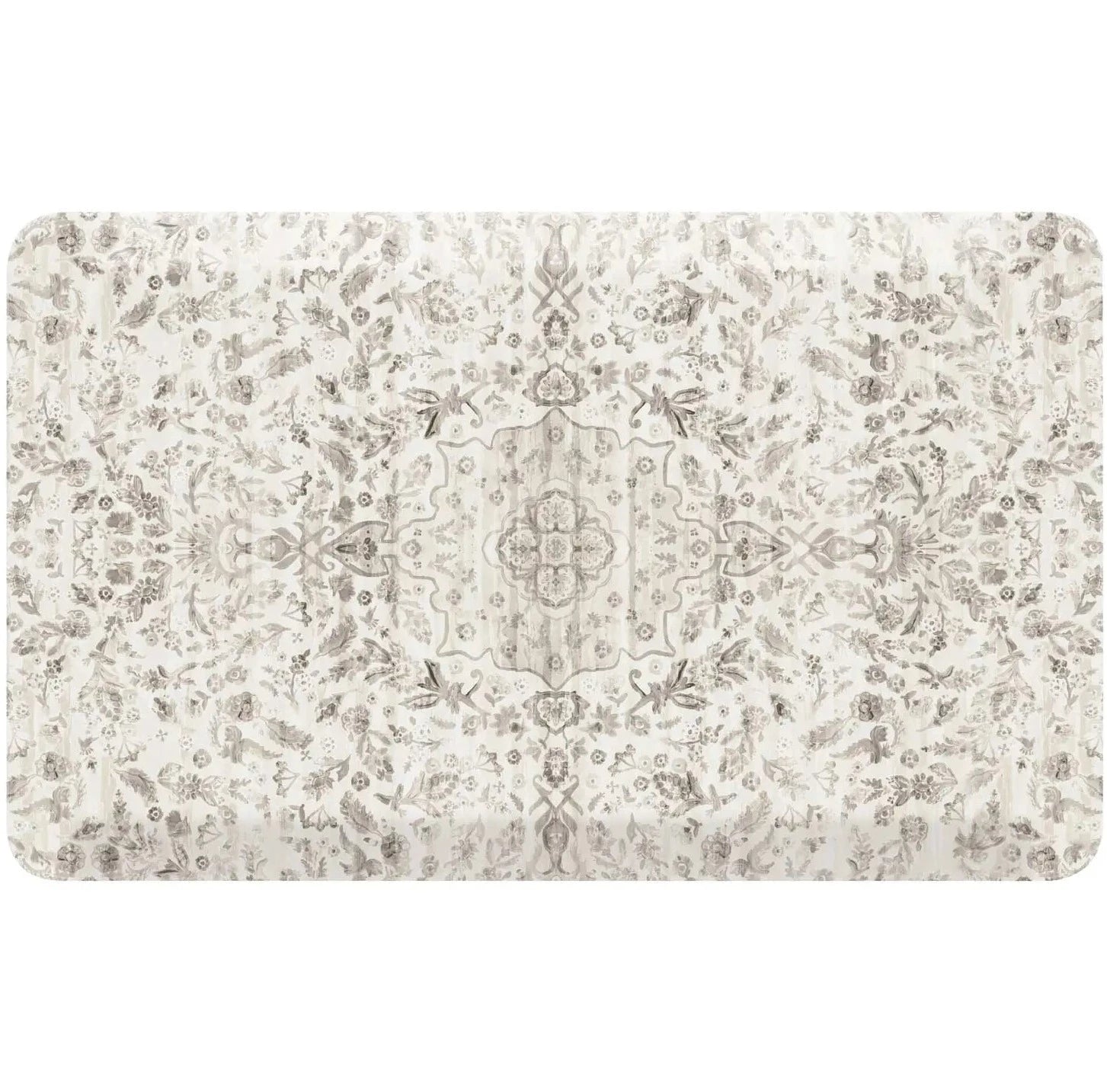 Emile latte neutral floral boho kitchen mat shown in size 22x36