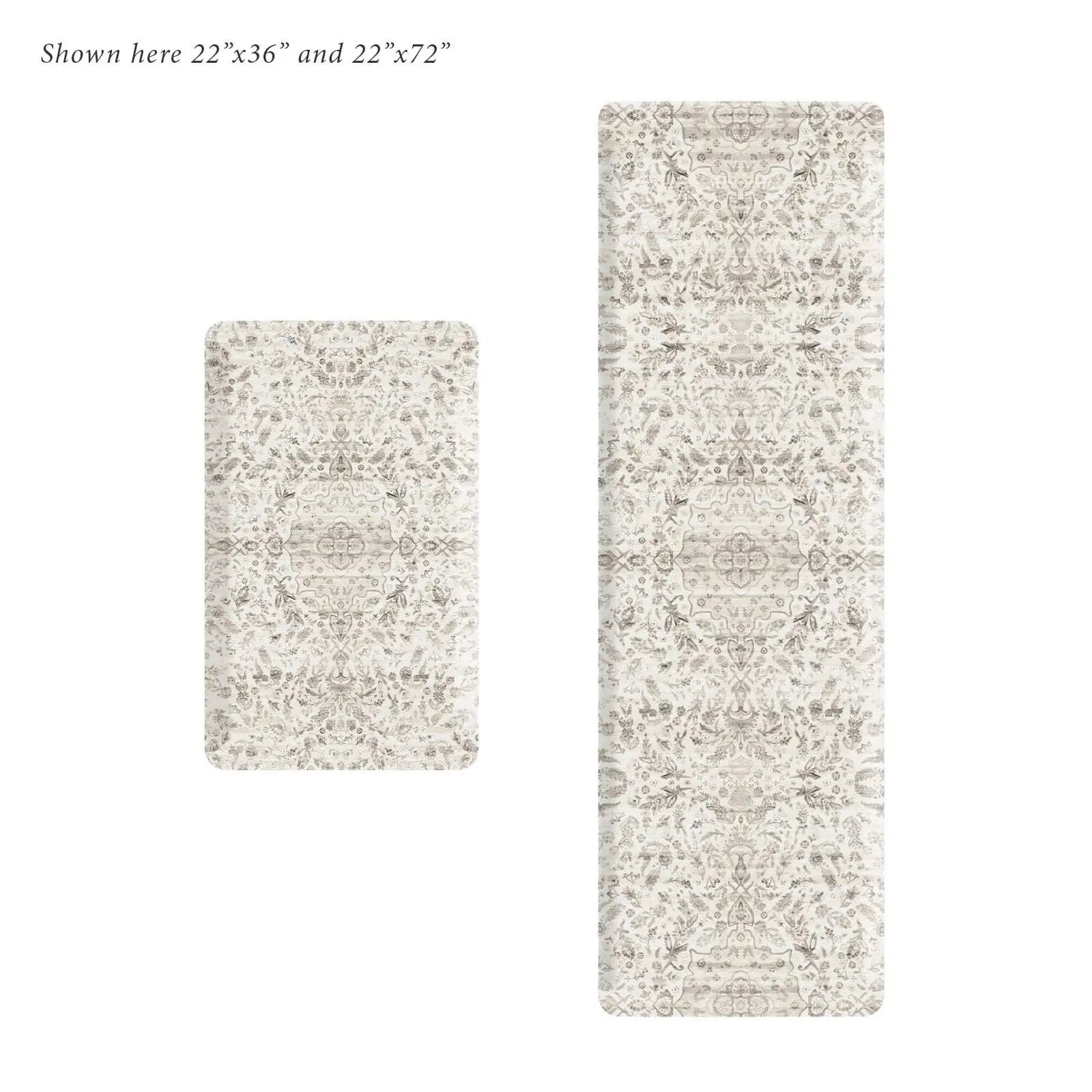 Emile latte beige and gray floral boho kitchen mat shown in sizes 22x36 and 22x72