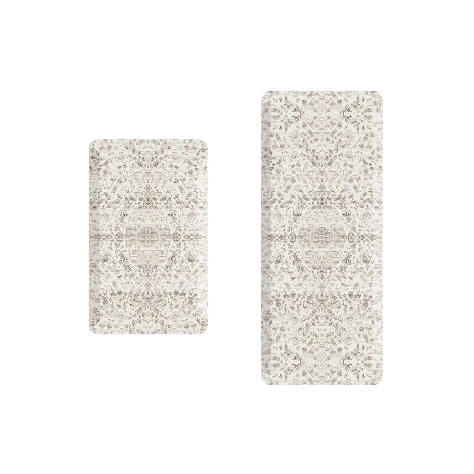 Emile latte beige and gray floral boho kitchen mat shown in sizes 22x36 and 22x54