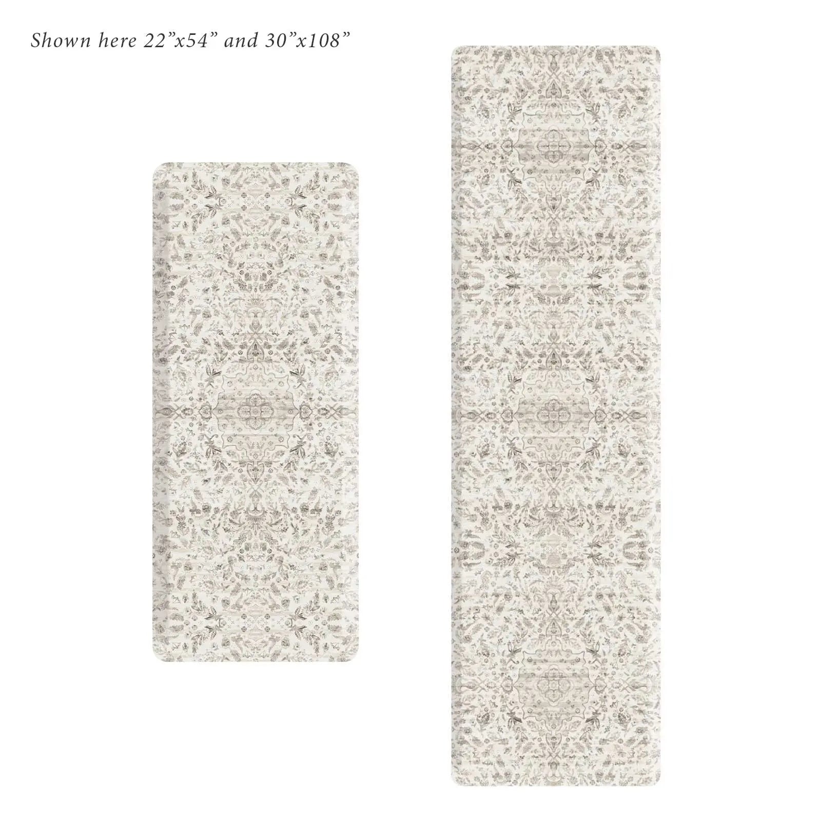 Emile latte beige and gray floral boho kitchen mat shown in sizes 22x54 and 30x108