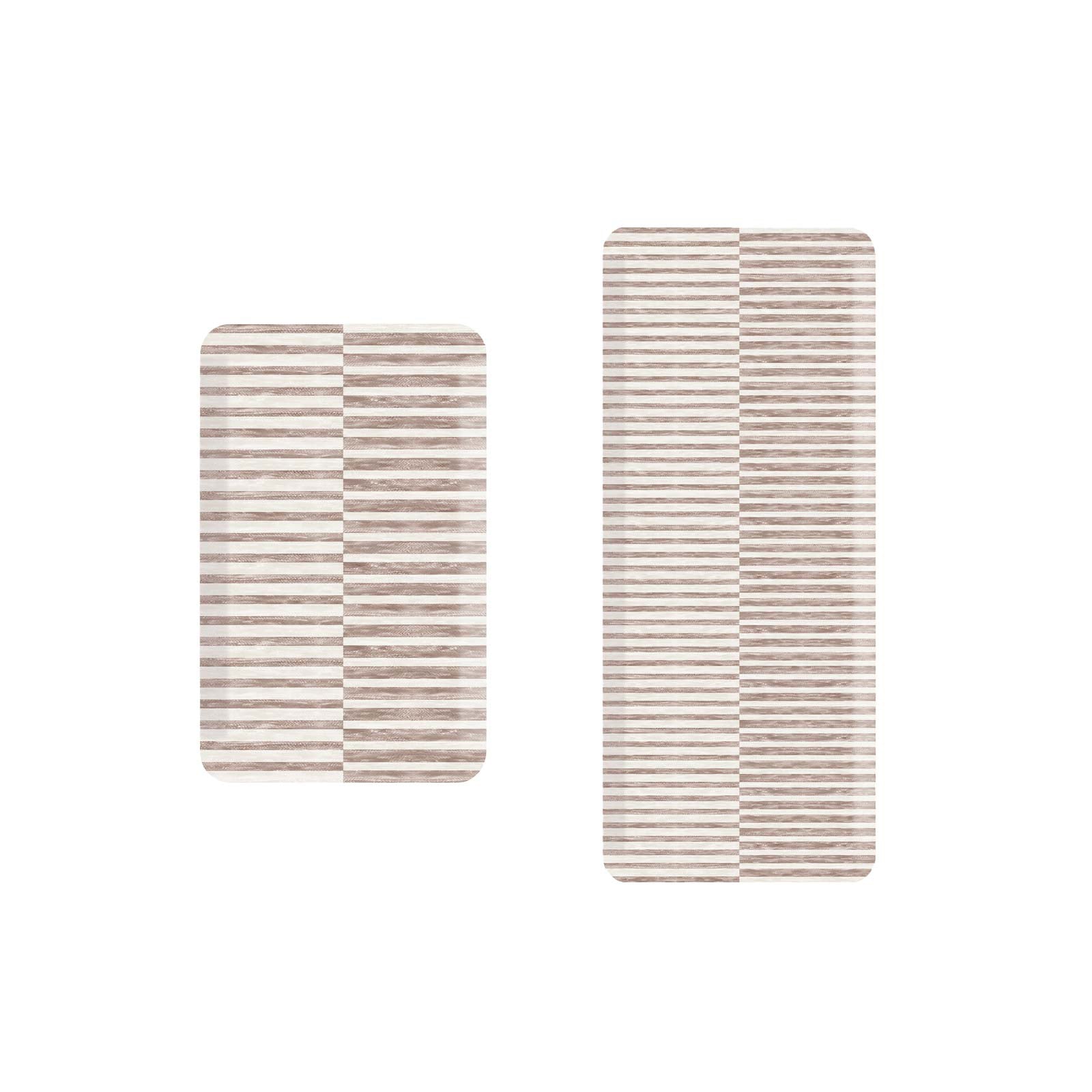 Reese chai beige and white inverted stripe standing mat shown in sizes 22x36 and 22x54
