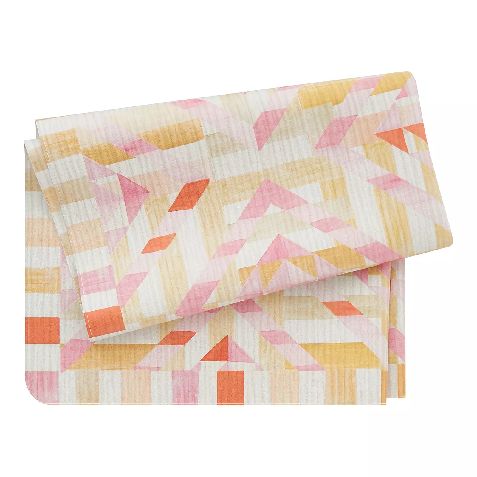 Freya sunshine portable play mat in a orange yellow and pink quilt print shown folded in 4s