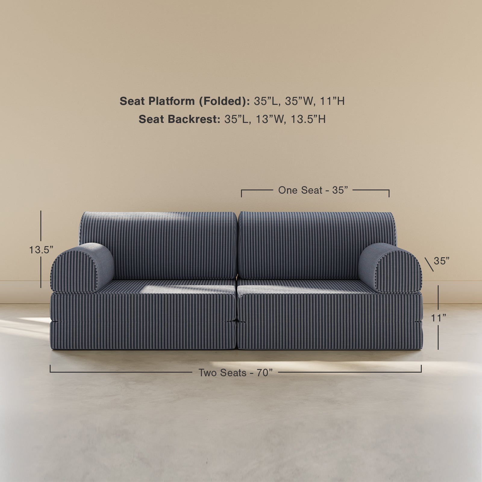 Blue sofa with dimensions labeled on a beige background