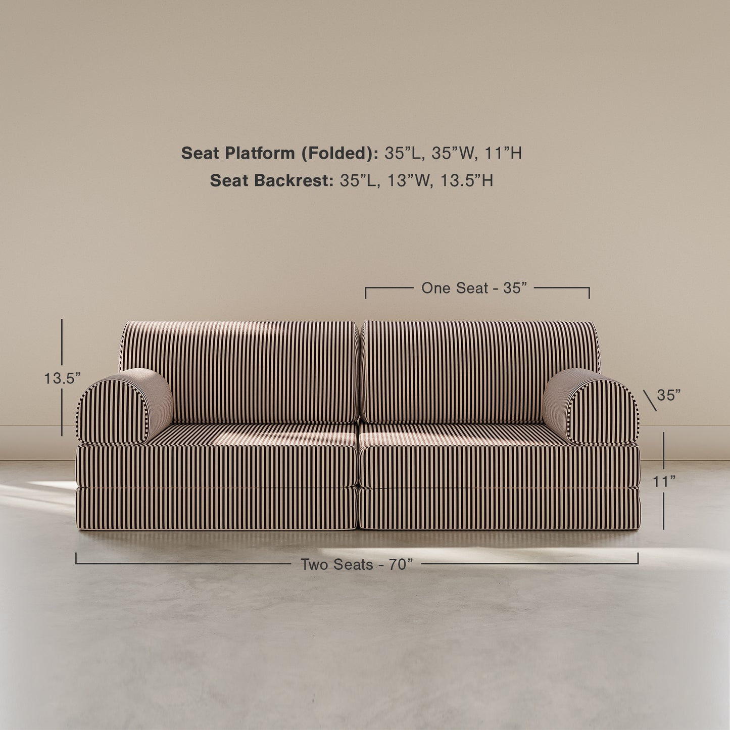 Brown and white stripe play couch with a beige background and also showing dimensions