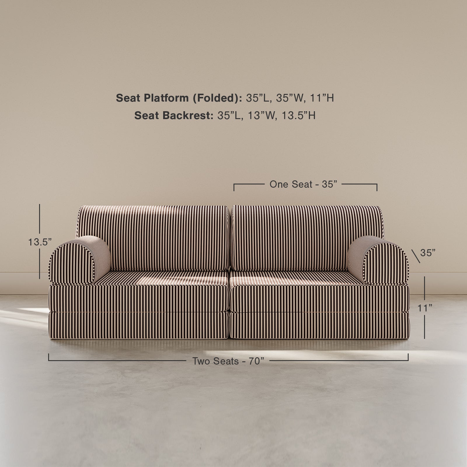 Brown and white stripe play couch with a beige background and also showing dimensions