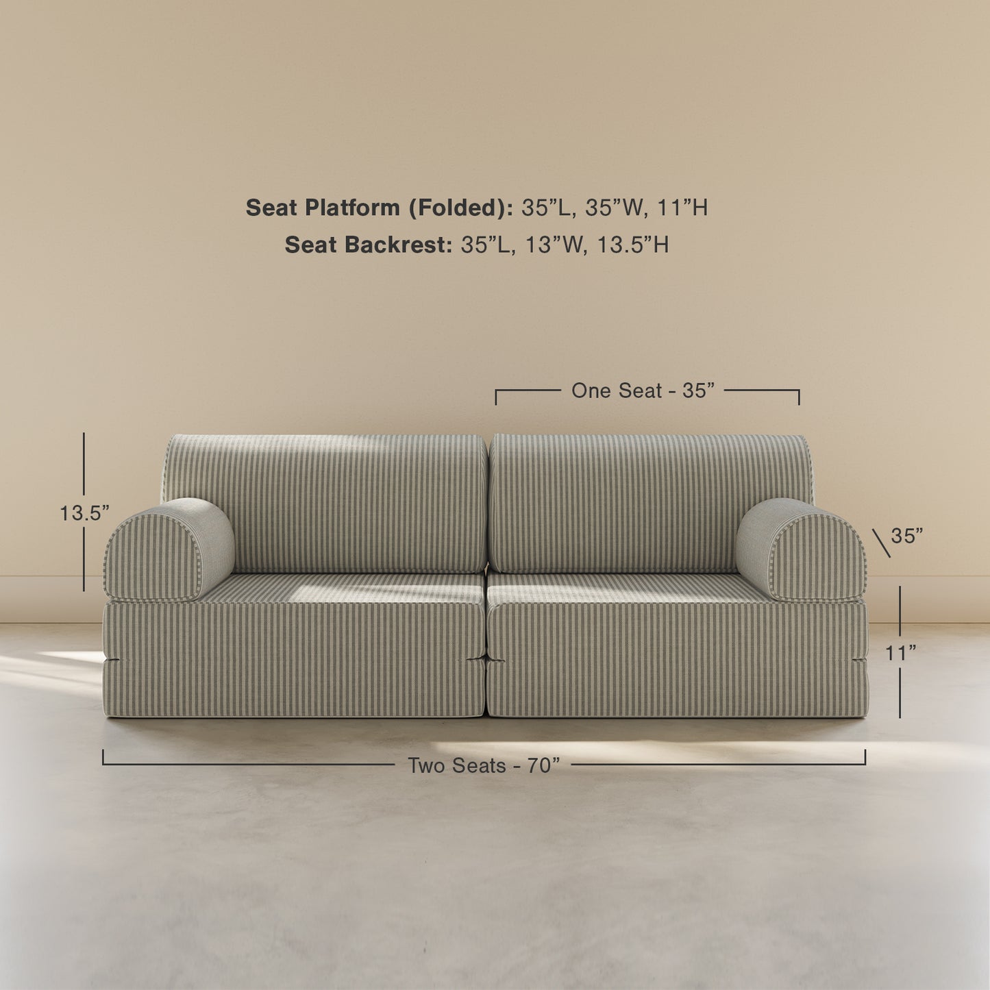 Green sofa with dimensions labeled on a beige background