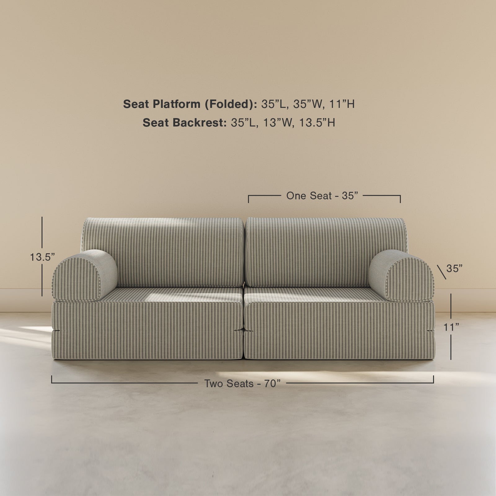Green sofa with dimensions labeled on a beige background