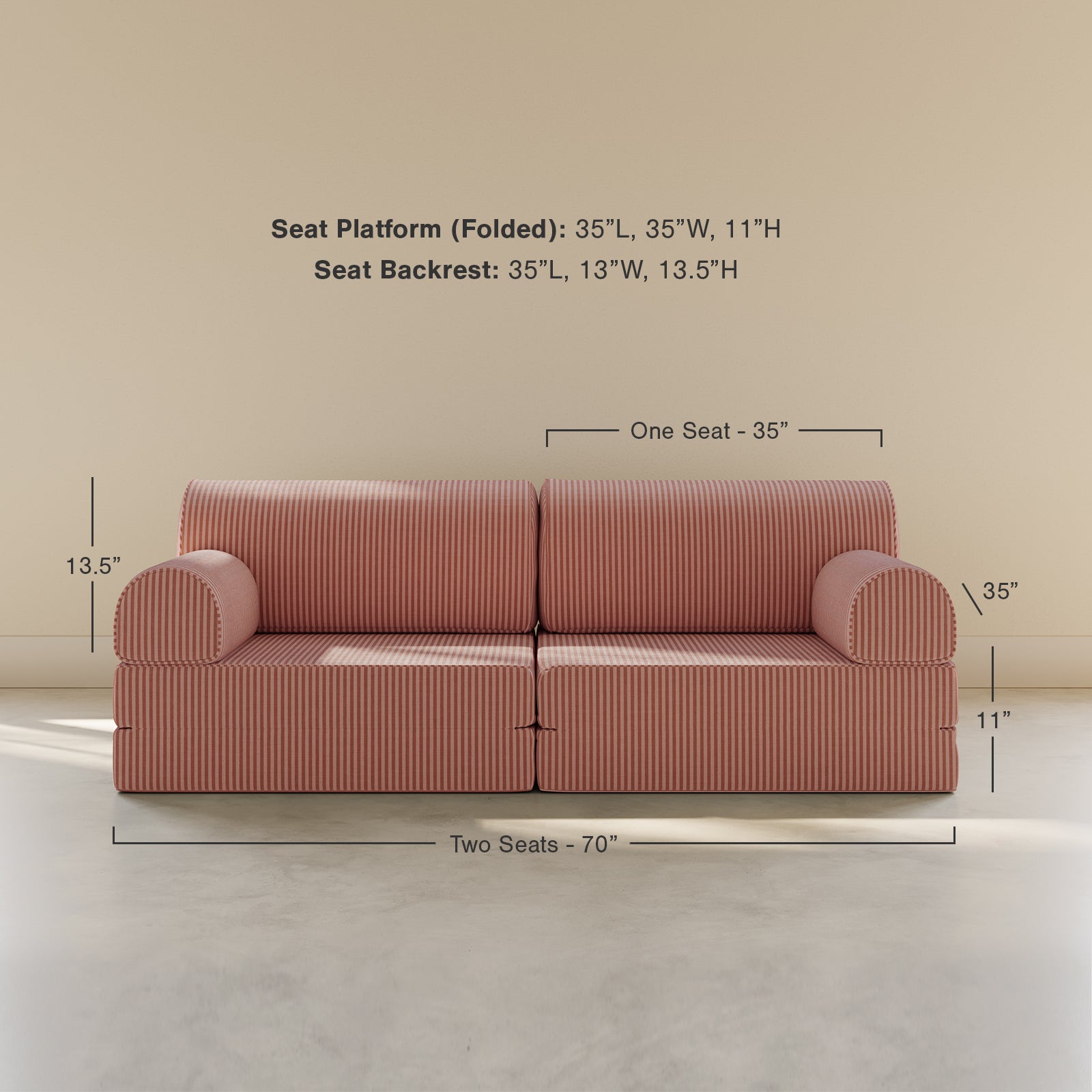 Dimensions of a pink sofa with measurements labeled on a beige background