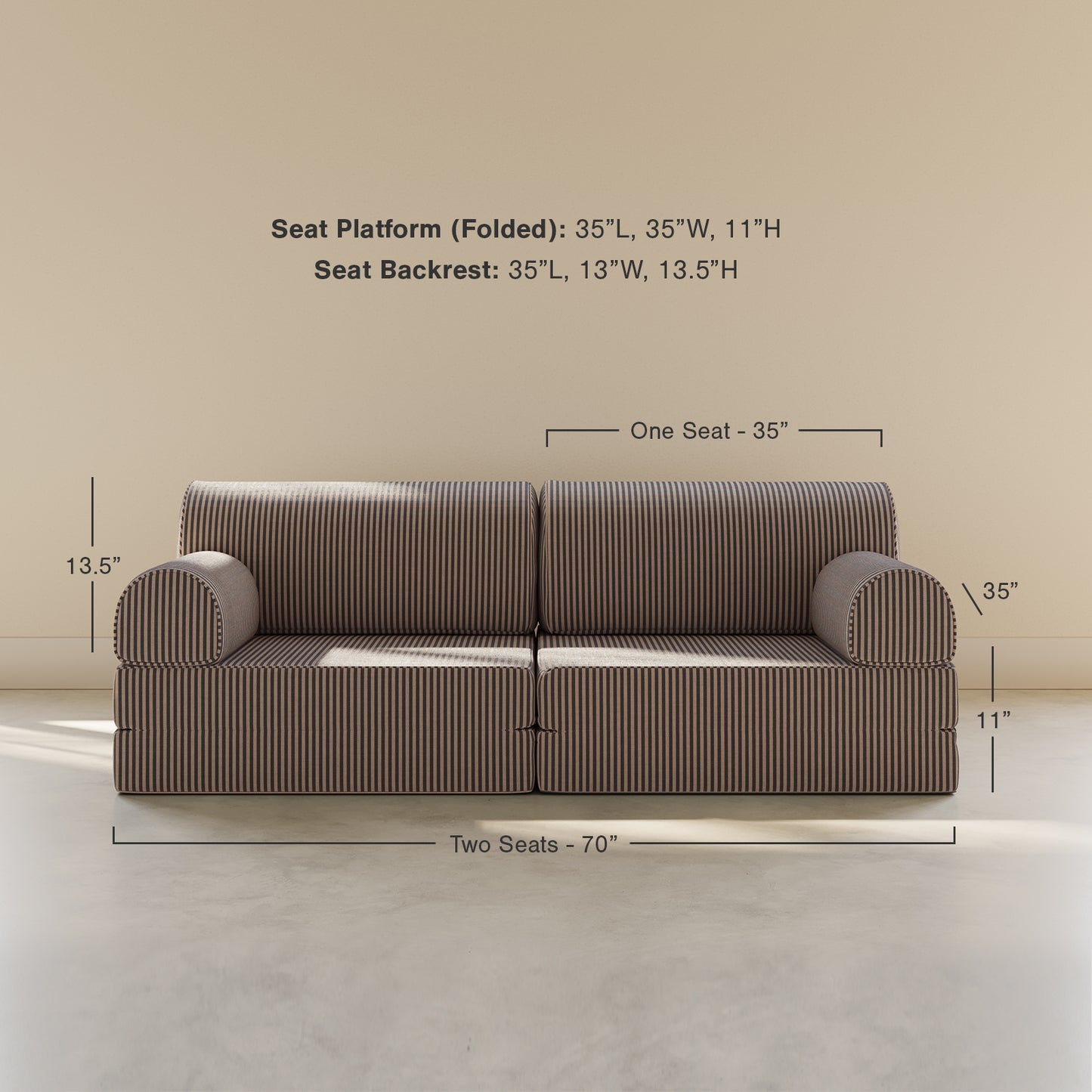 Brown sofa with dimensions labeled on a beige background
