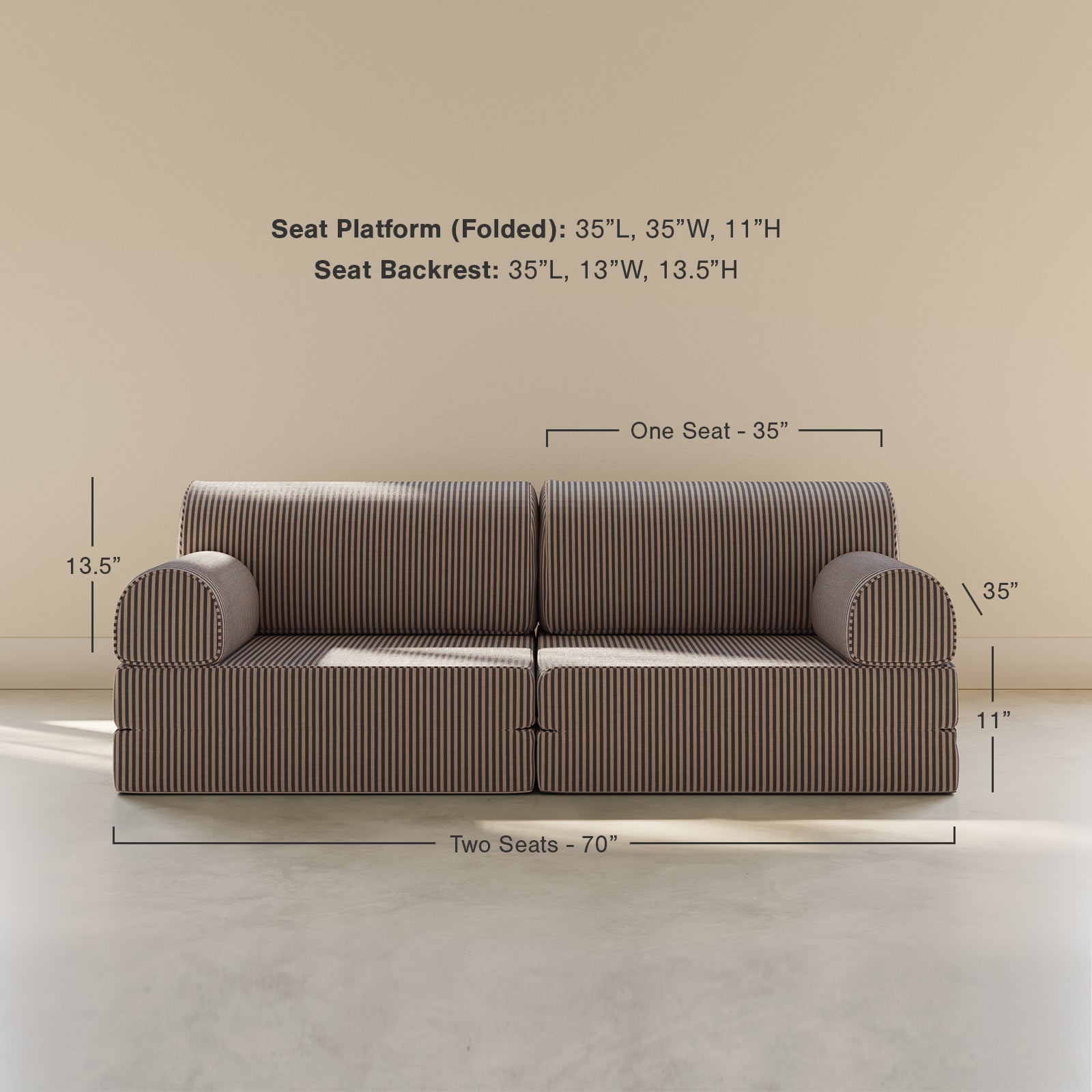 Brown sofa with dimensions labeled on a beige background
