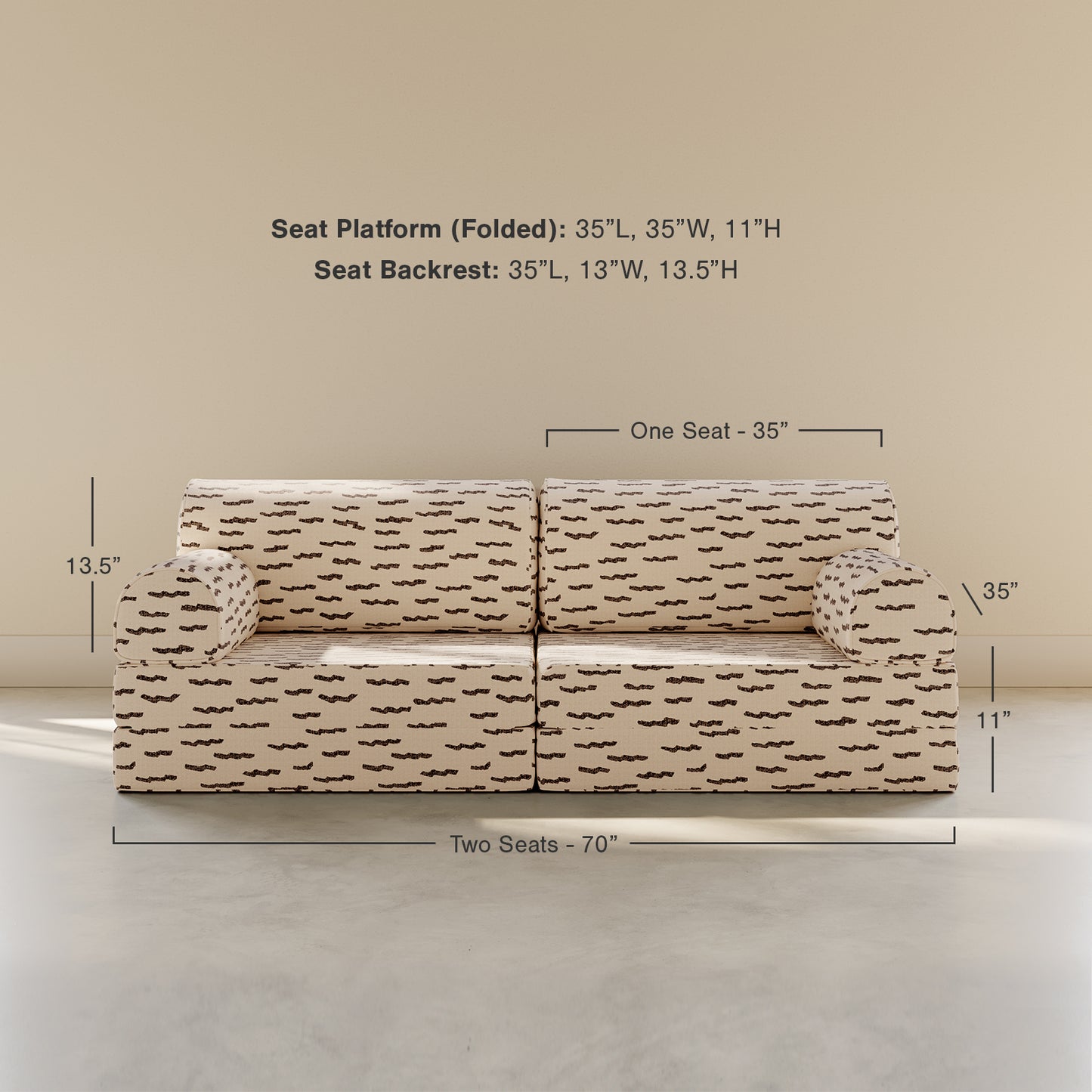 Beige and black pattern play couches with dimensions on a beige background