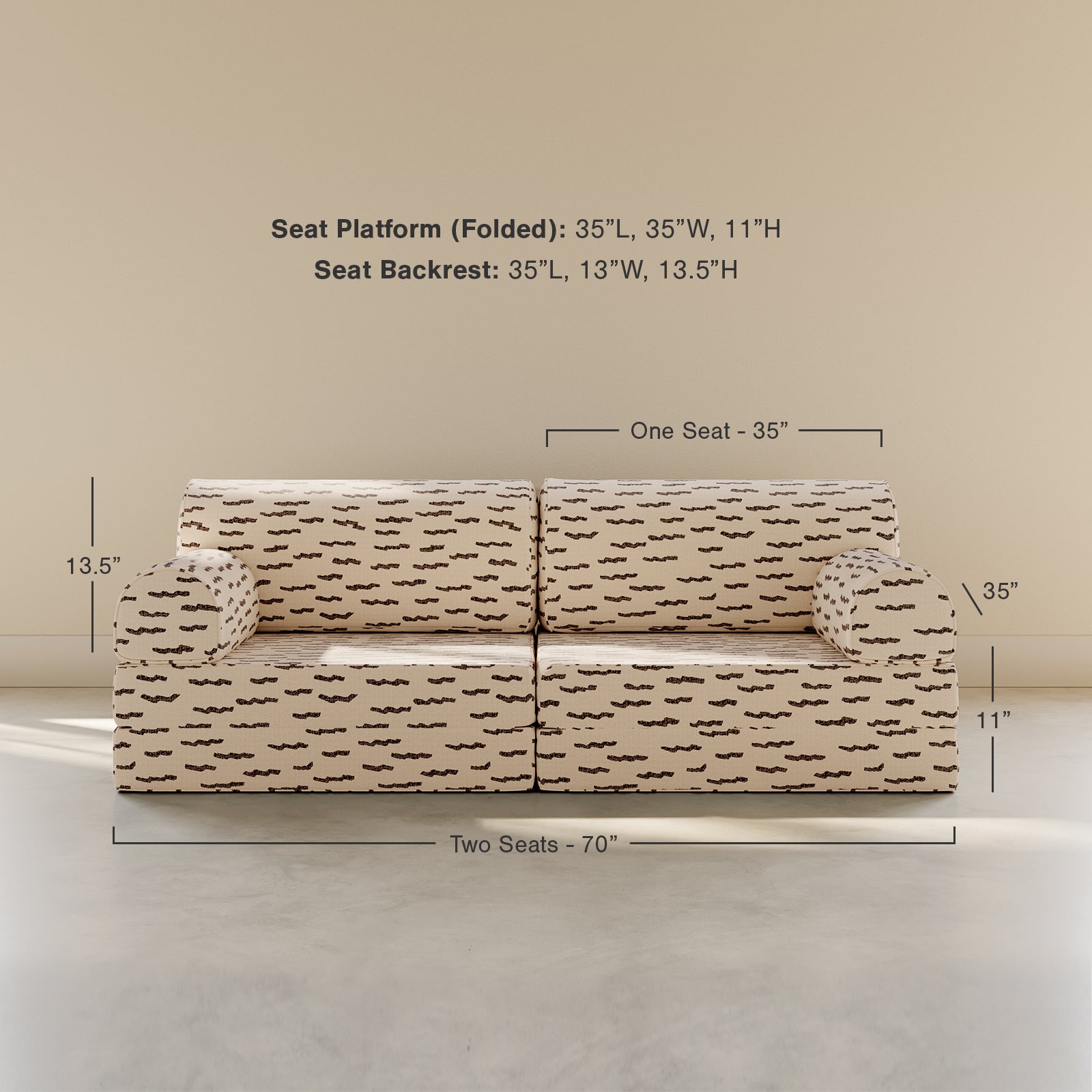 Beige and black pattern play couches with dimensions on a beige background