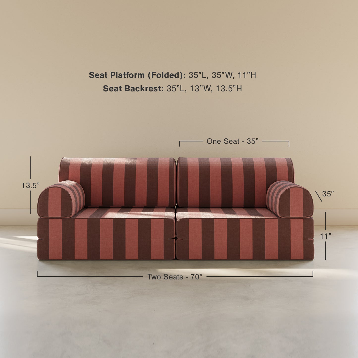 Red and brown striped sofa with dimensions on a beige background