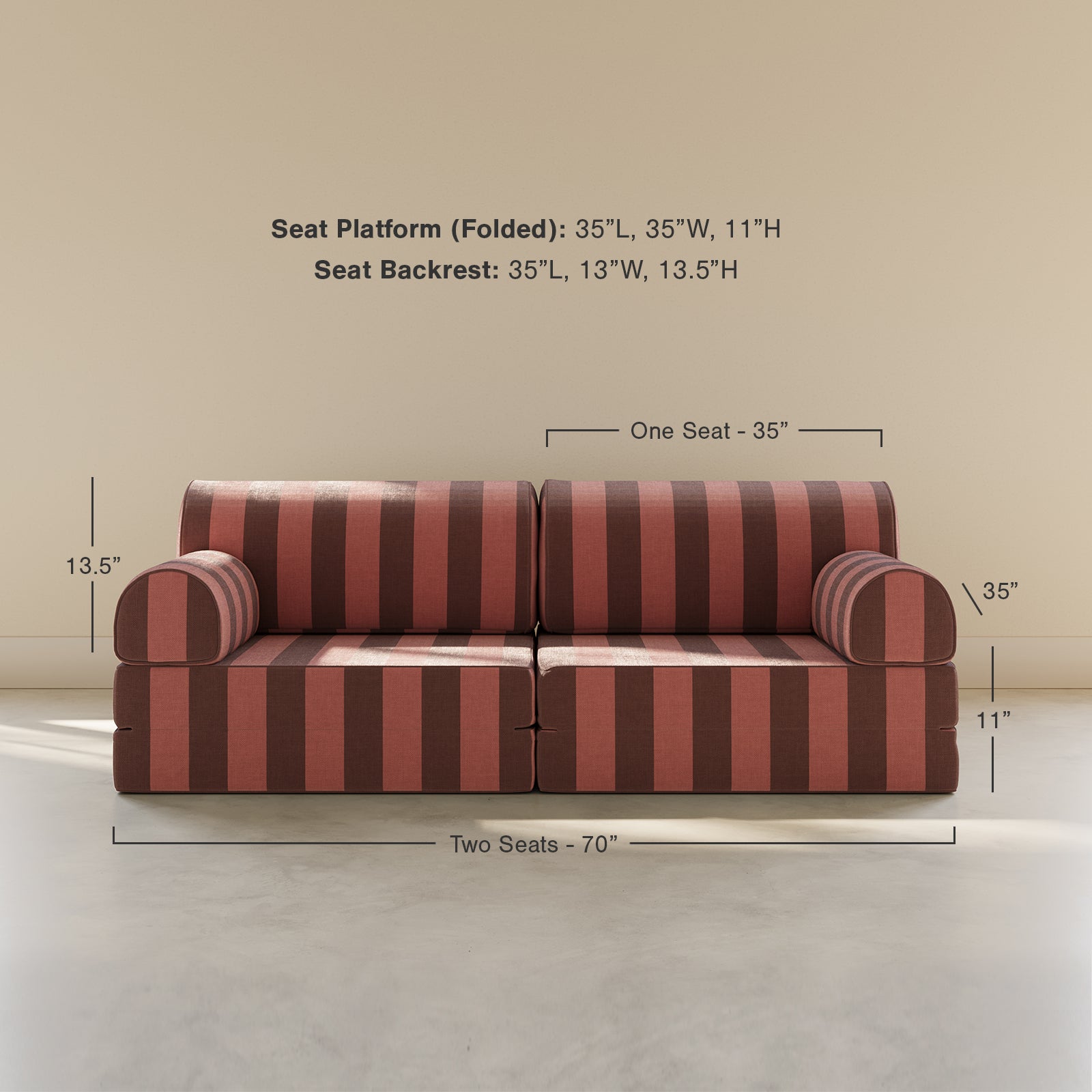 Red and brown striped sofa with dimensions on a beige background