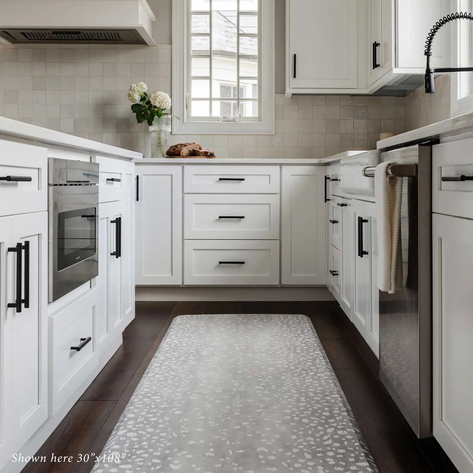 Fawn silver gray animal print kitchen mat shown kitchen in size 30x108