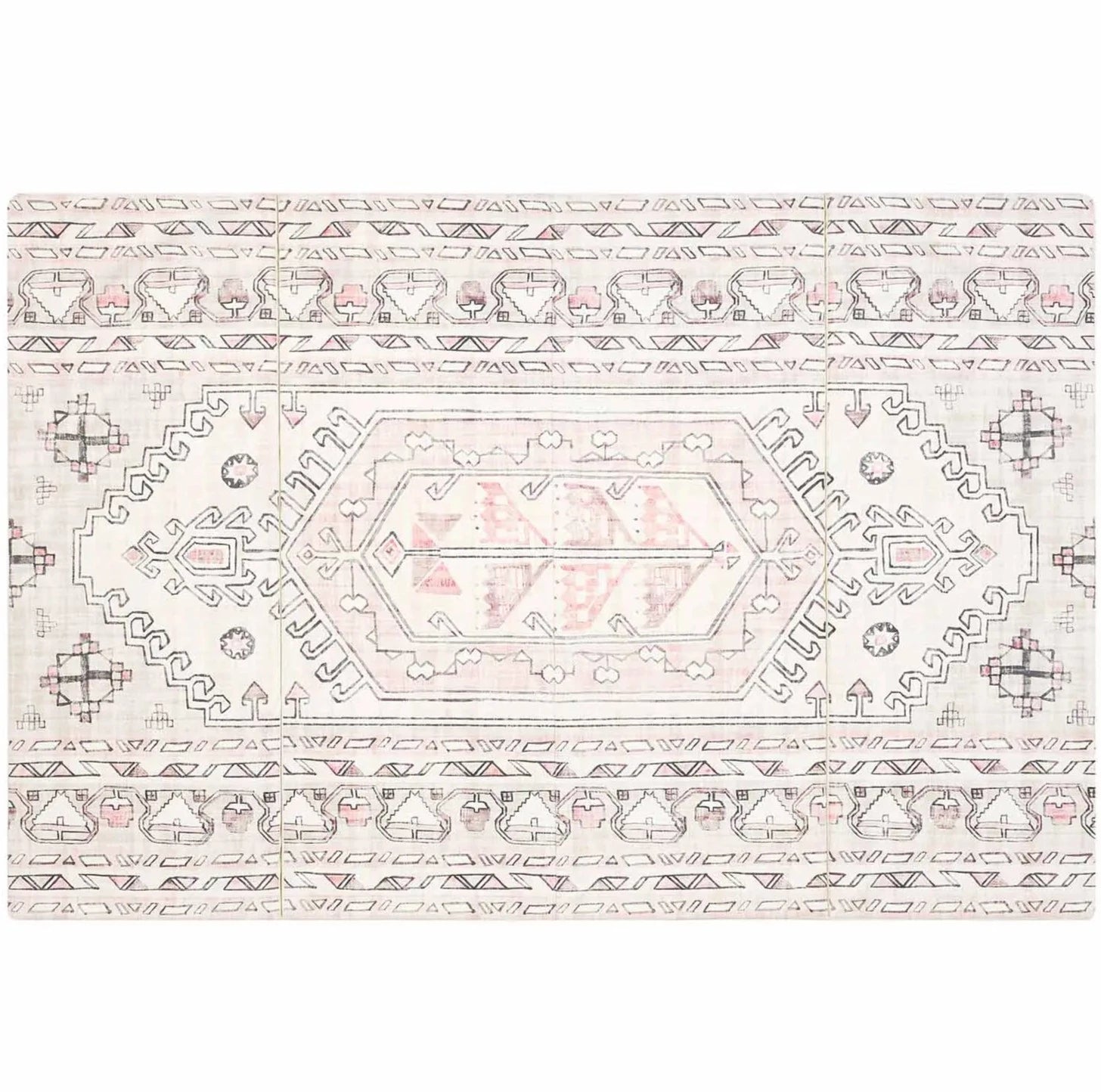 Overhead shot of Aryla Shifting Sands cream and pink boho 4x6 tumbling mat laying flat 