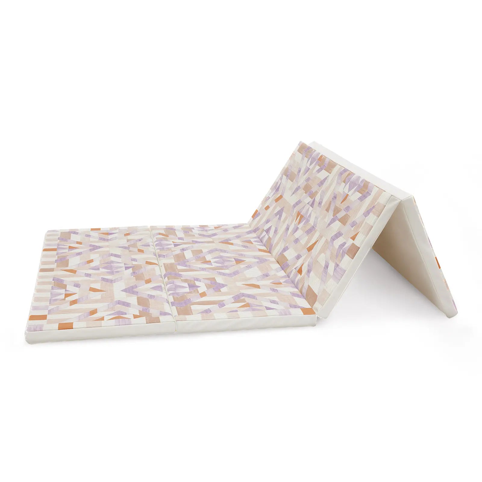 Marigold pink, purple, and orange quilt pattern tumbling mat, shown with 2 panels folded pointing up.