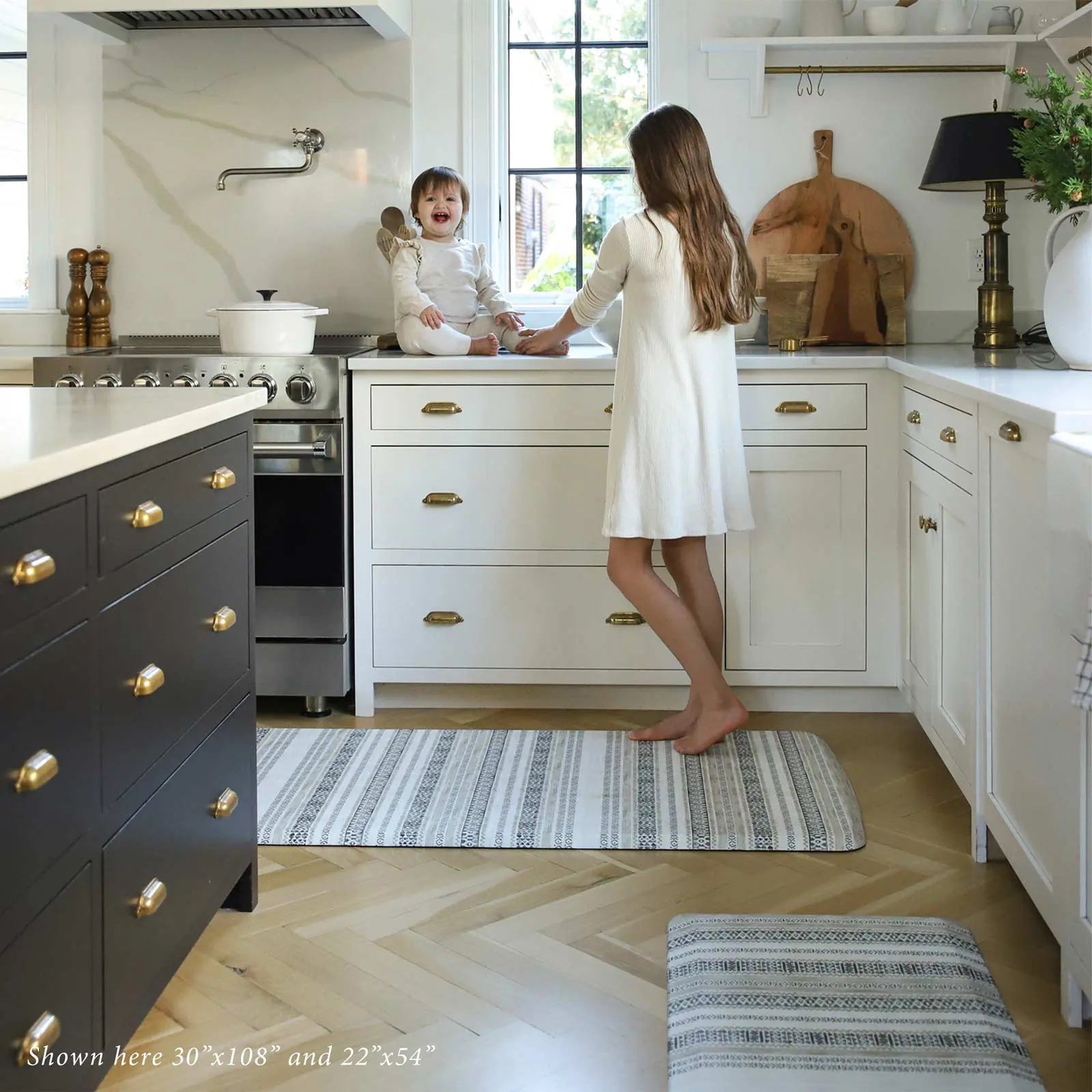 Paloma taupe & white neutral boho stripe kitchen mat shown in kitchen in size 22x54 and 30x108