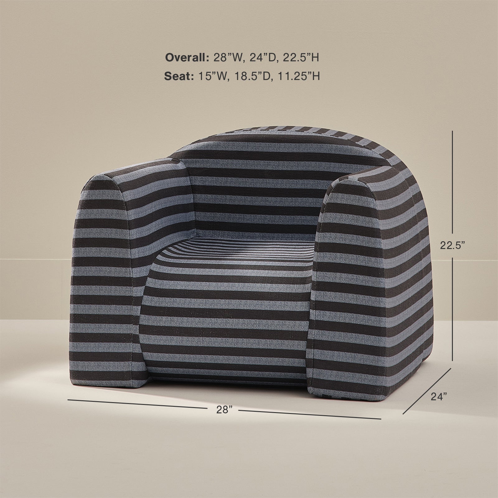 Striped armchair with dimensions on a beige background