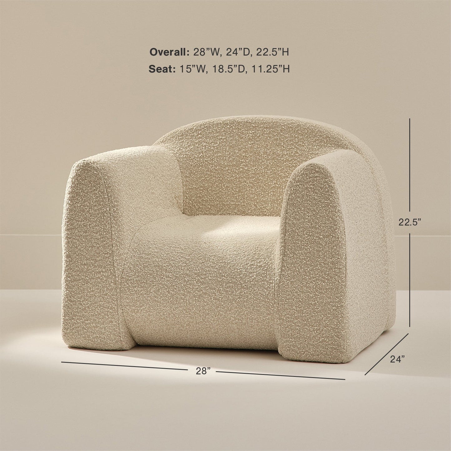 Beige armchair with dimensions on a beige background