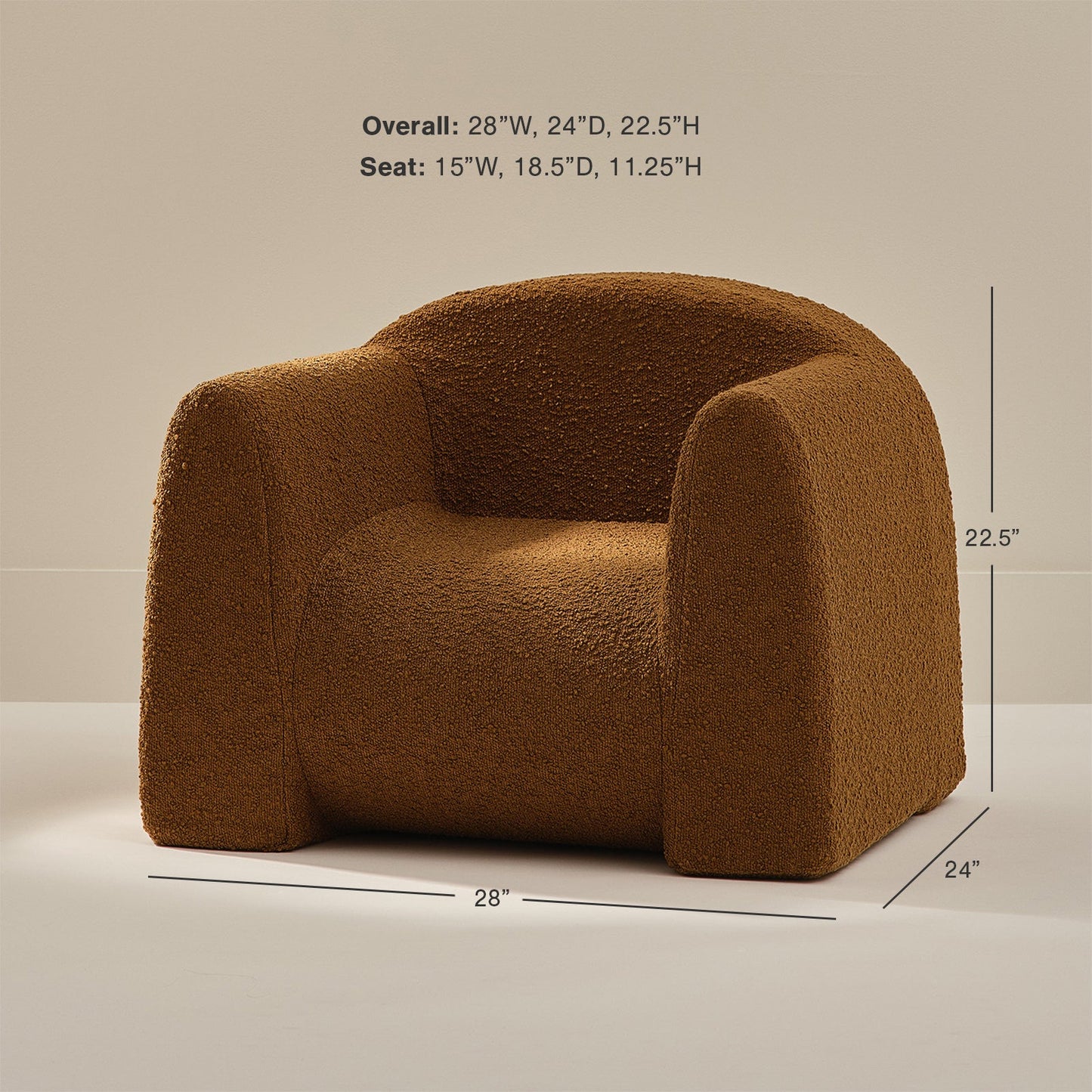 Brown boucle armchair with dimensions on a beige background