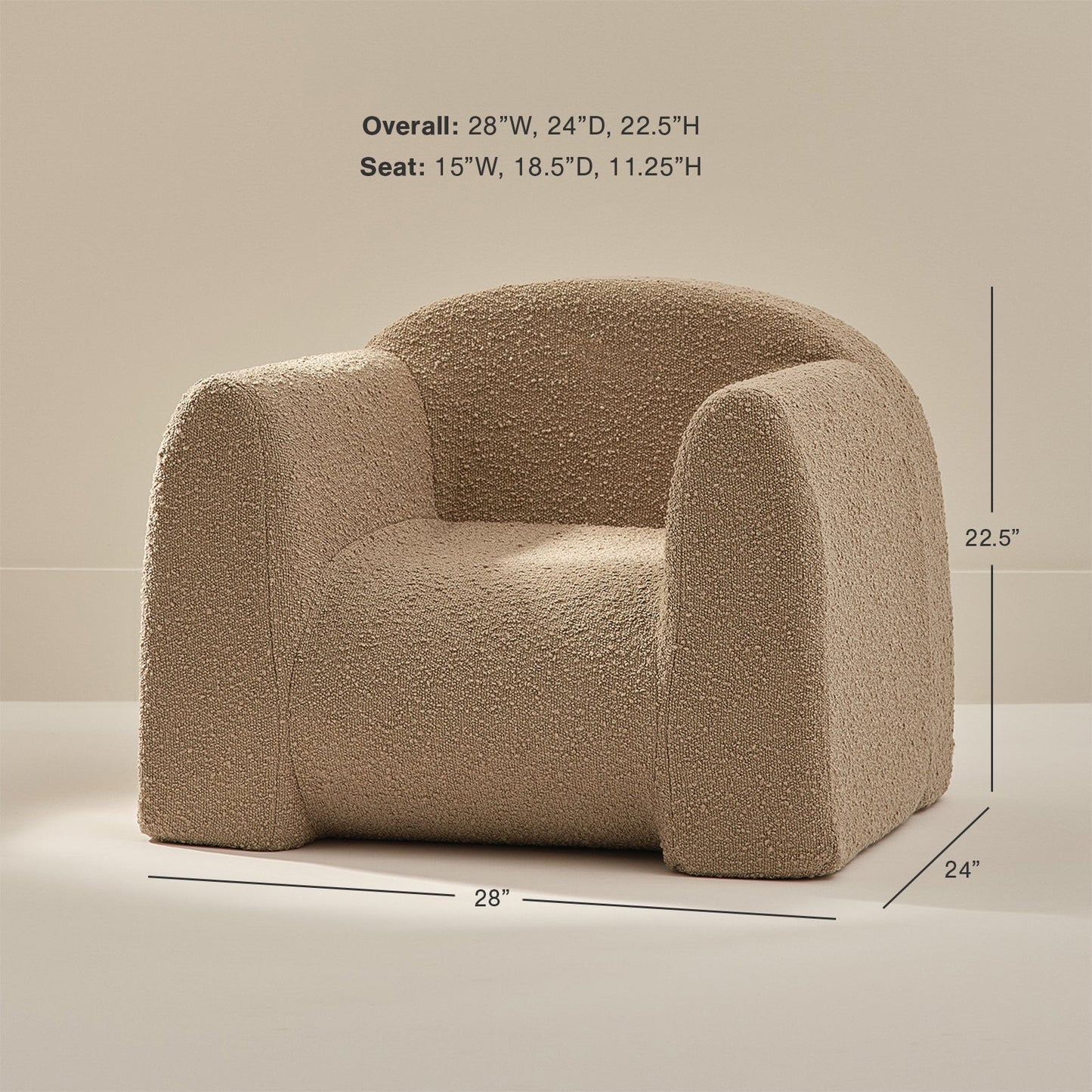 Beige boucle armchair with dimensions on a beige background