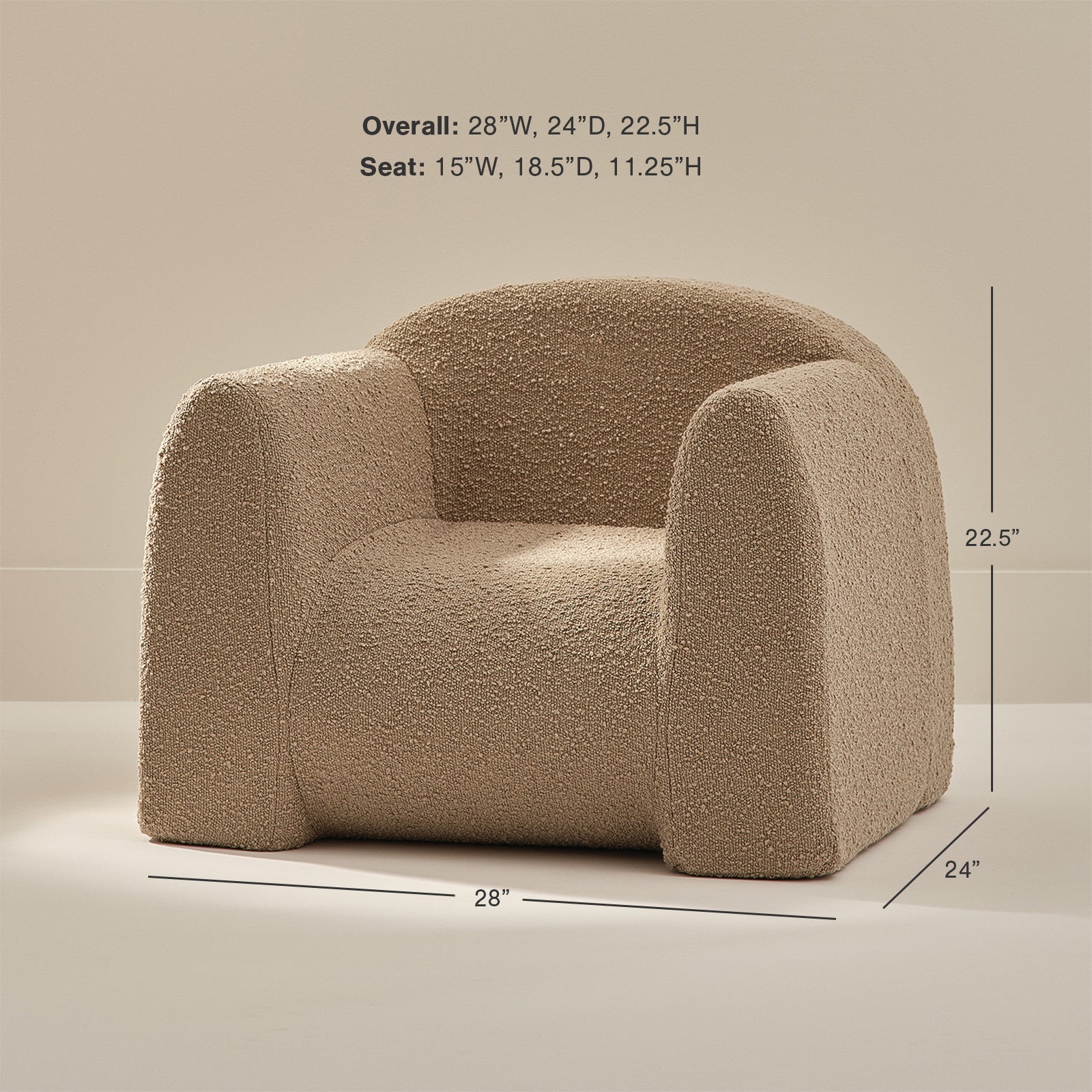 Beige boucle armchair with dimensions on a beige background