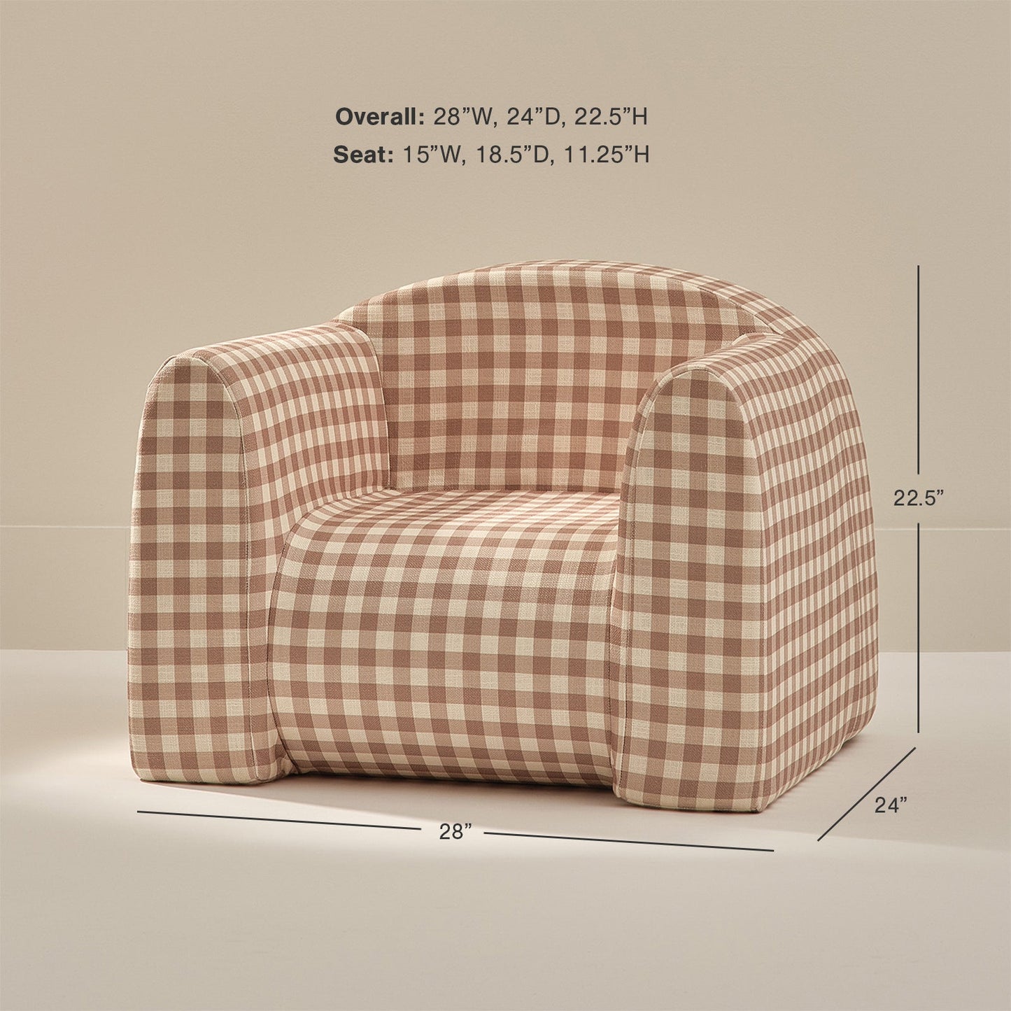Plaid-patterned armchair with dimensions on a beige background