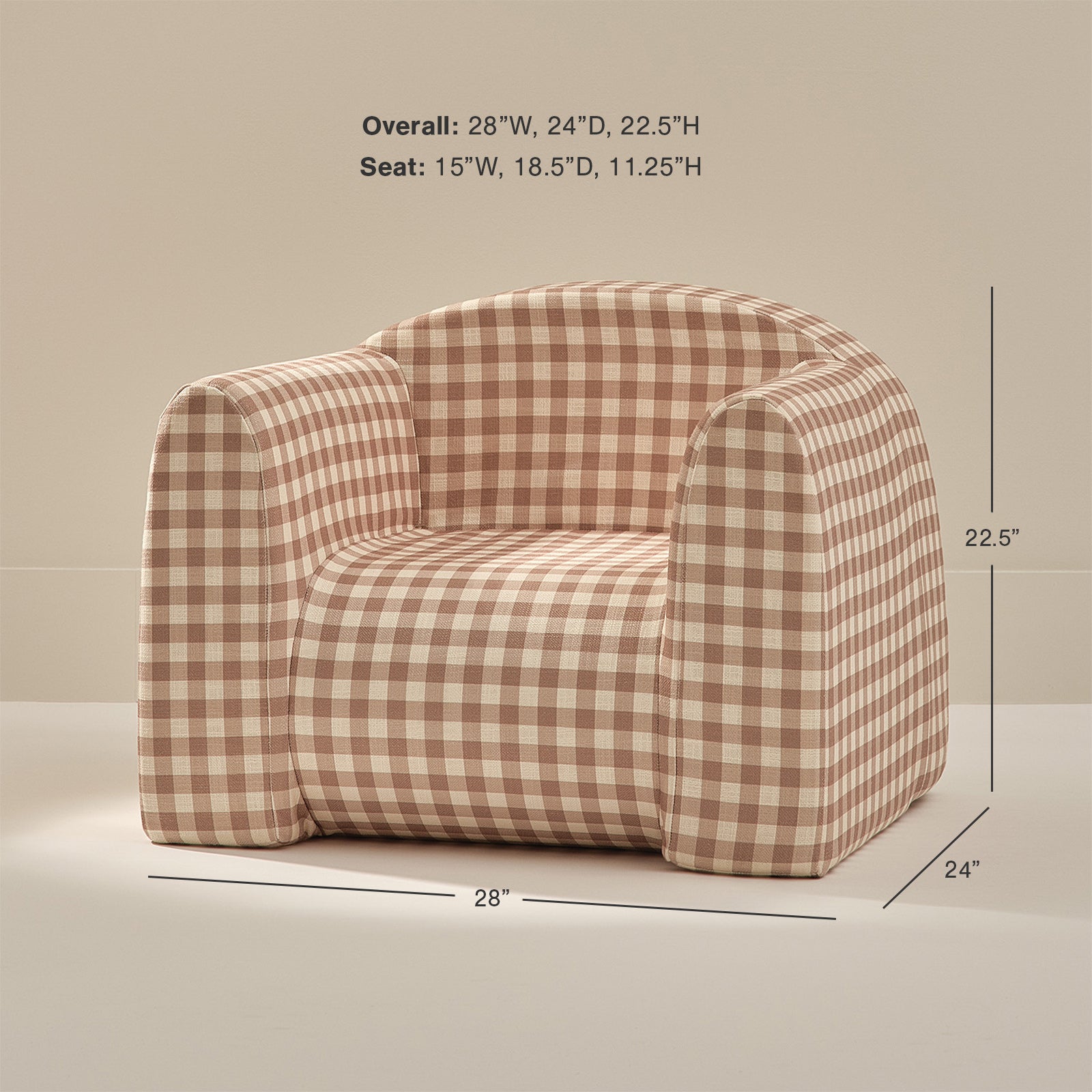 Plaid-patterned armchair with dimensions on a beige background
