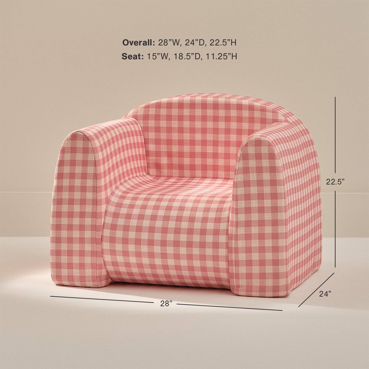 Pink and white checkered armchair with dimensions on a beige background