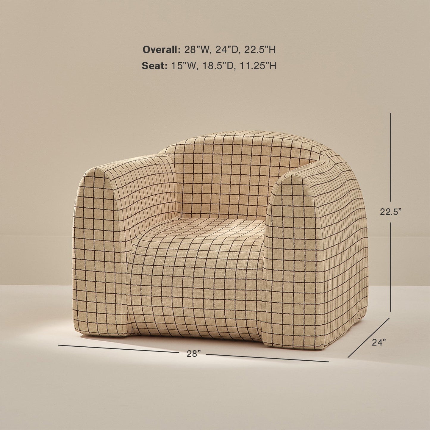 Grid-patterned armchair with dimensions on a beige background