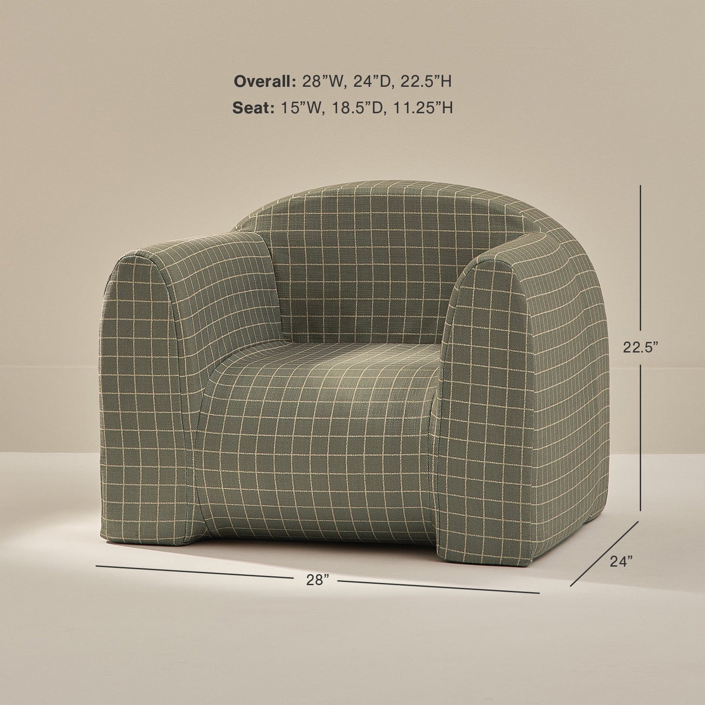 Green checkered armchair with dimensions on a beige background