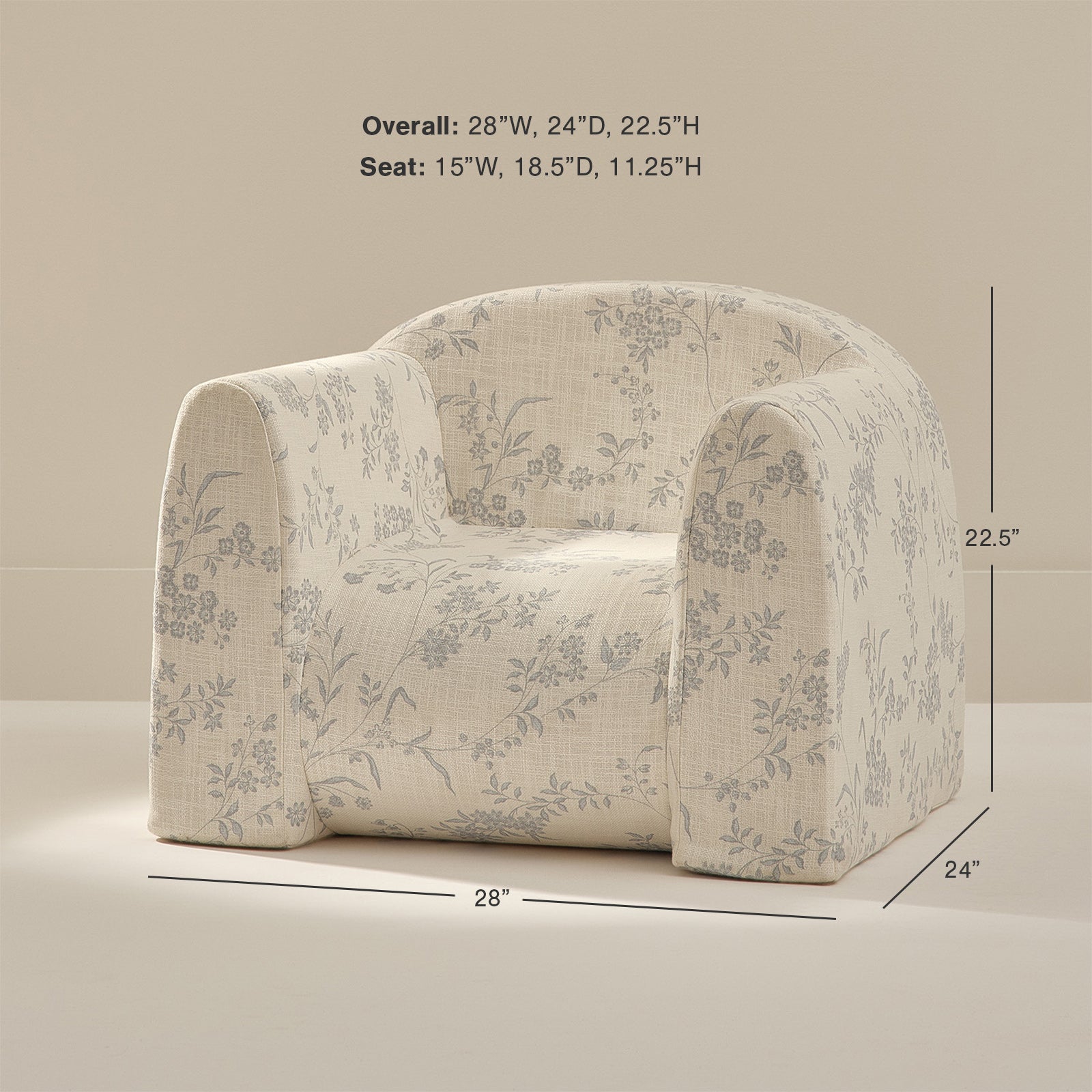Floral-patterned armchair with dimensions on a beige background
