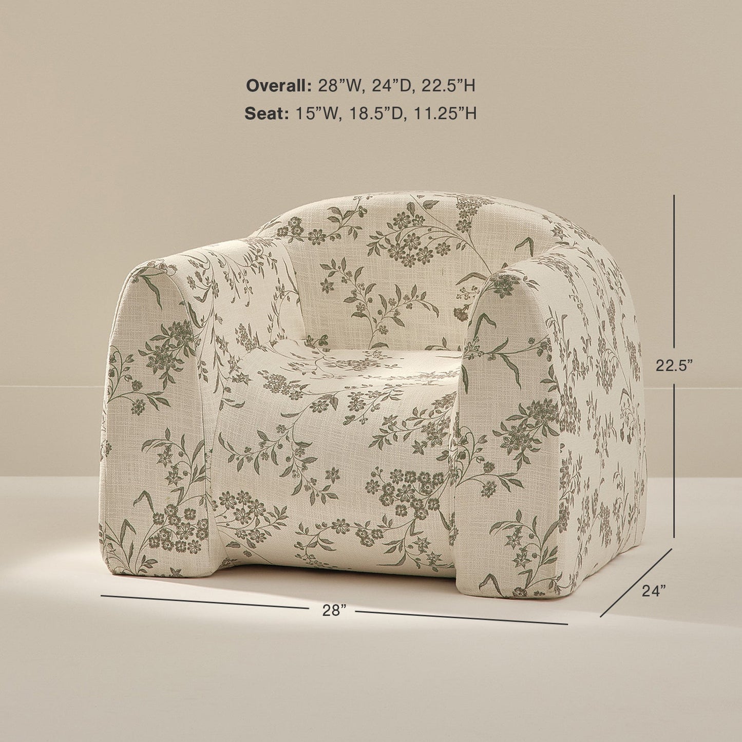 Floral-patterned armchair with dimensions on a beige background