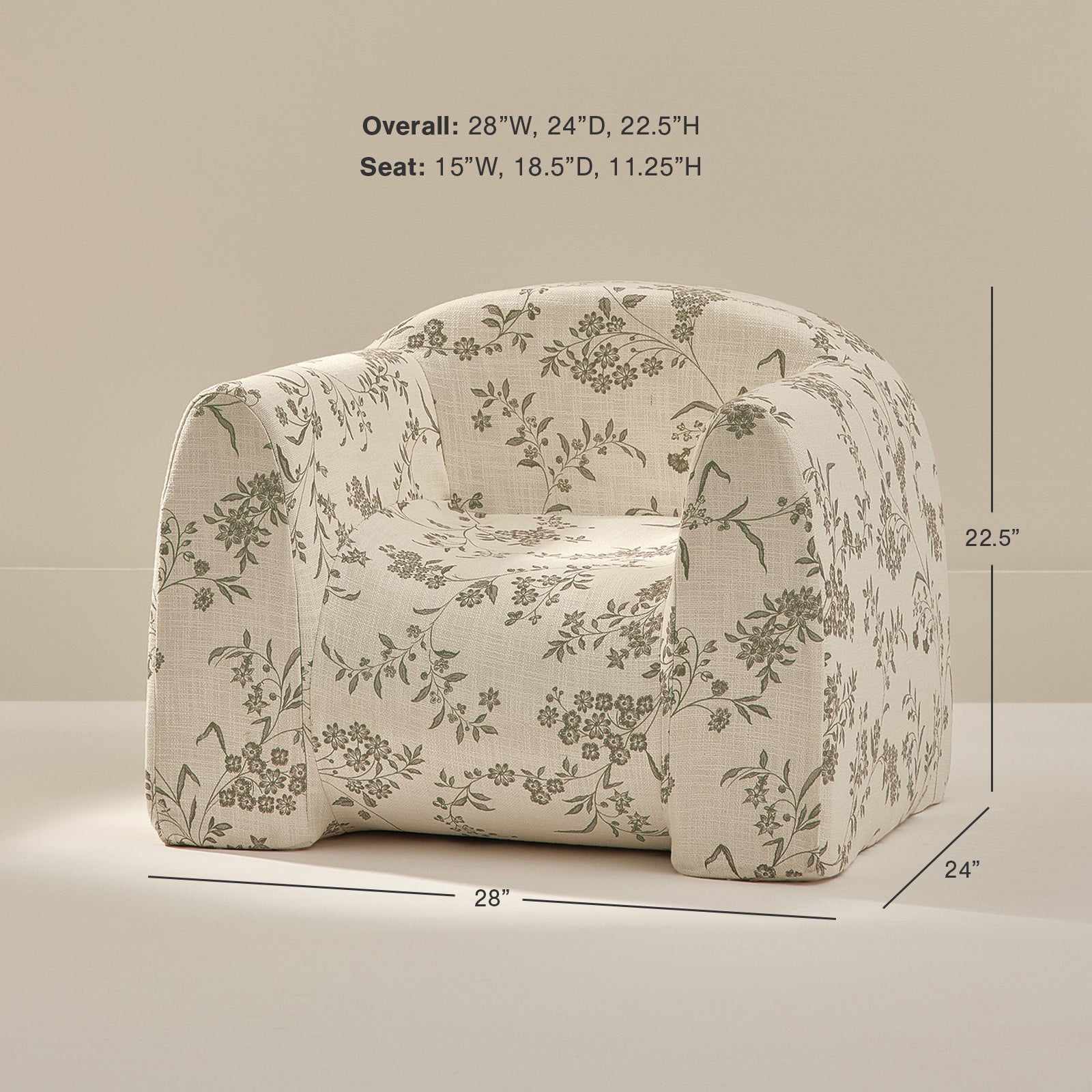 Floral-patterned armchair with dimensions on a beige background