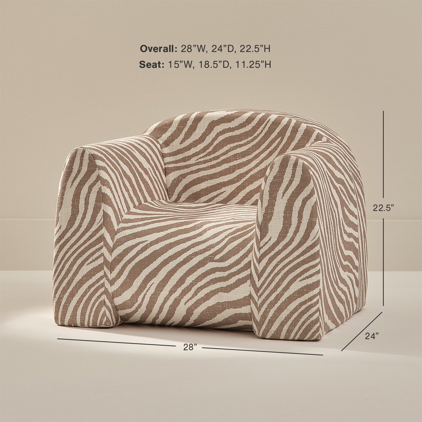 Zebra-patterned armchair with dimensions on a beige background
