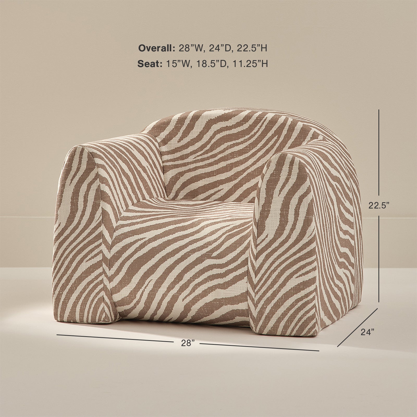 Zebra-patterned armchair with dimensions on a beige background