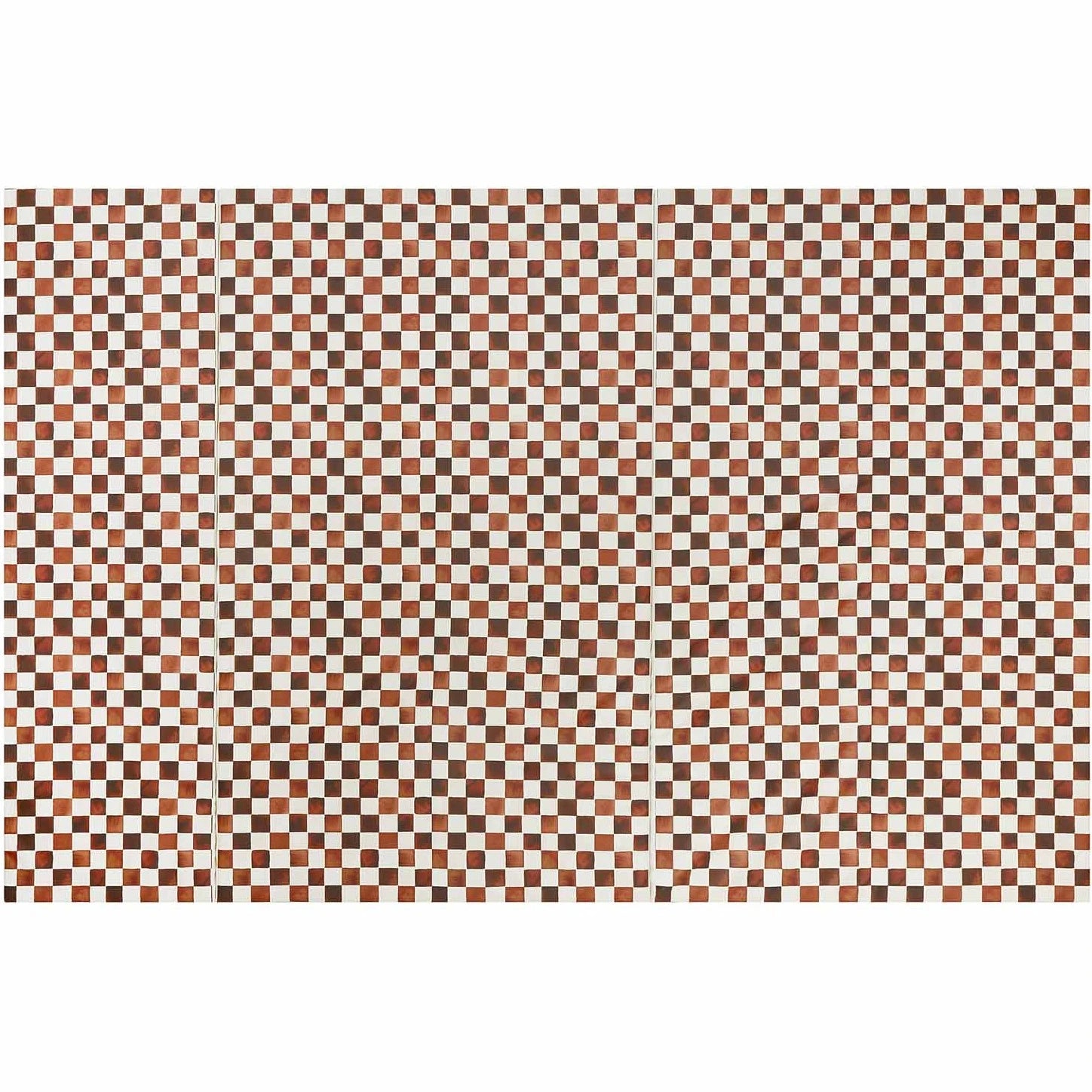 Overhead image of the checker cocoa brown and white geometric print tumbling mat in size 5x7.5