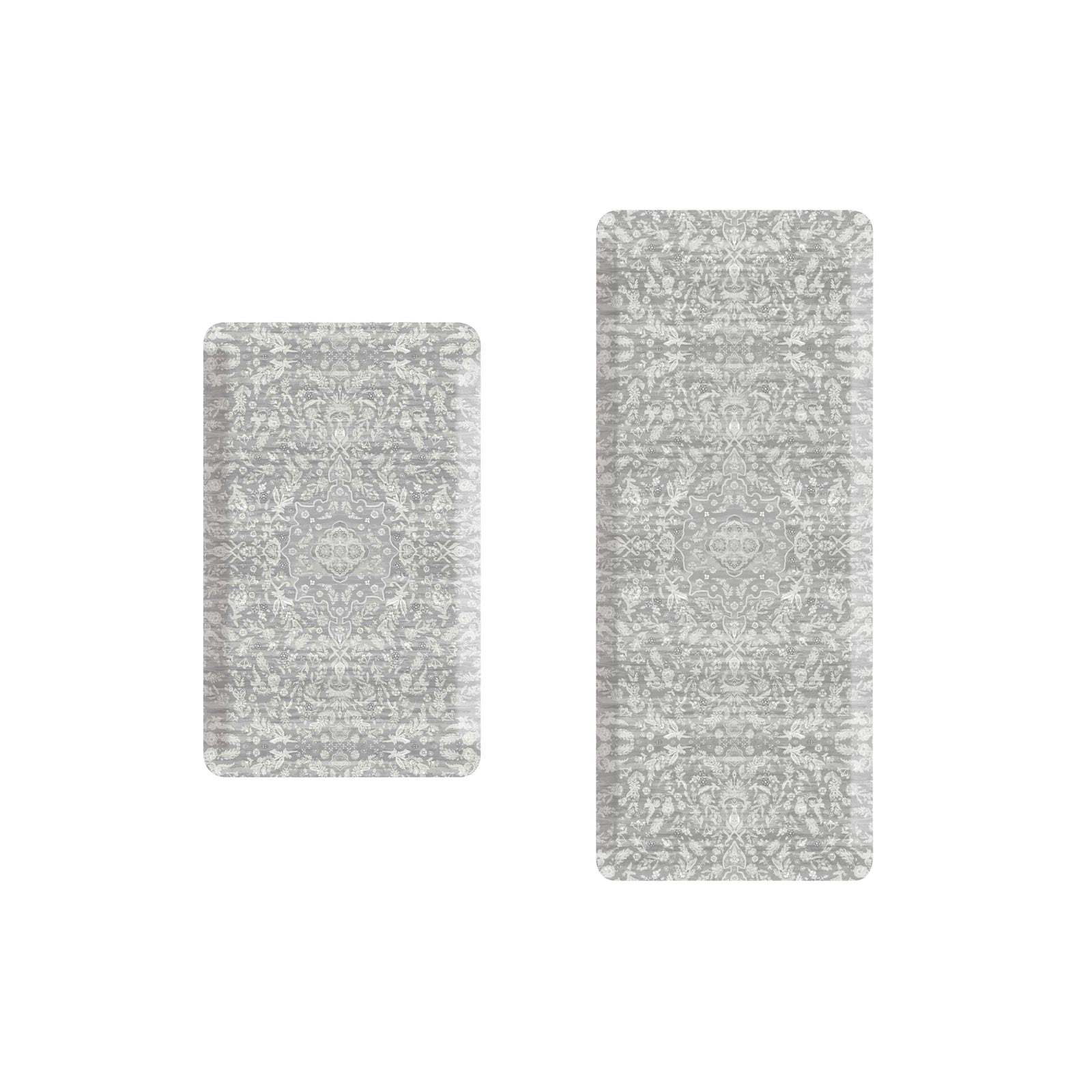 Emile earl grey gray and cream floral standing mat shown in sizes 22x36 and 22x54
