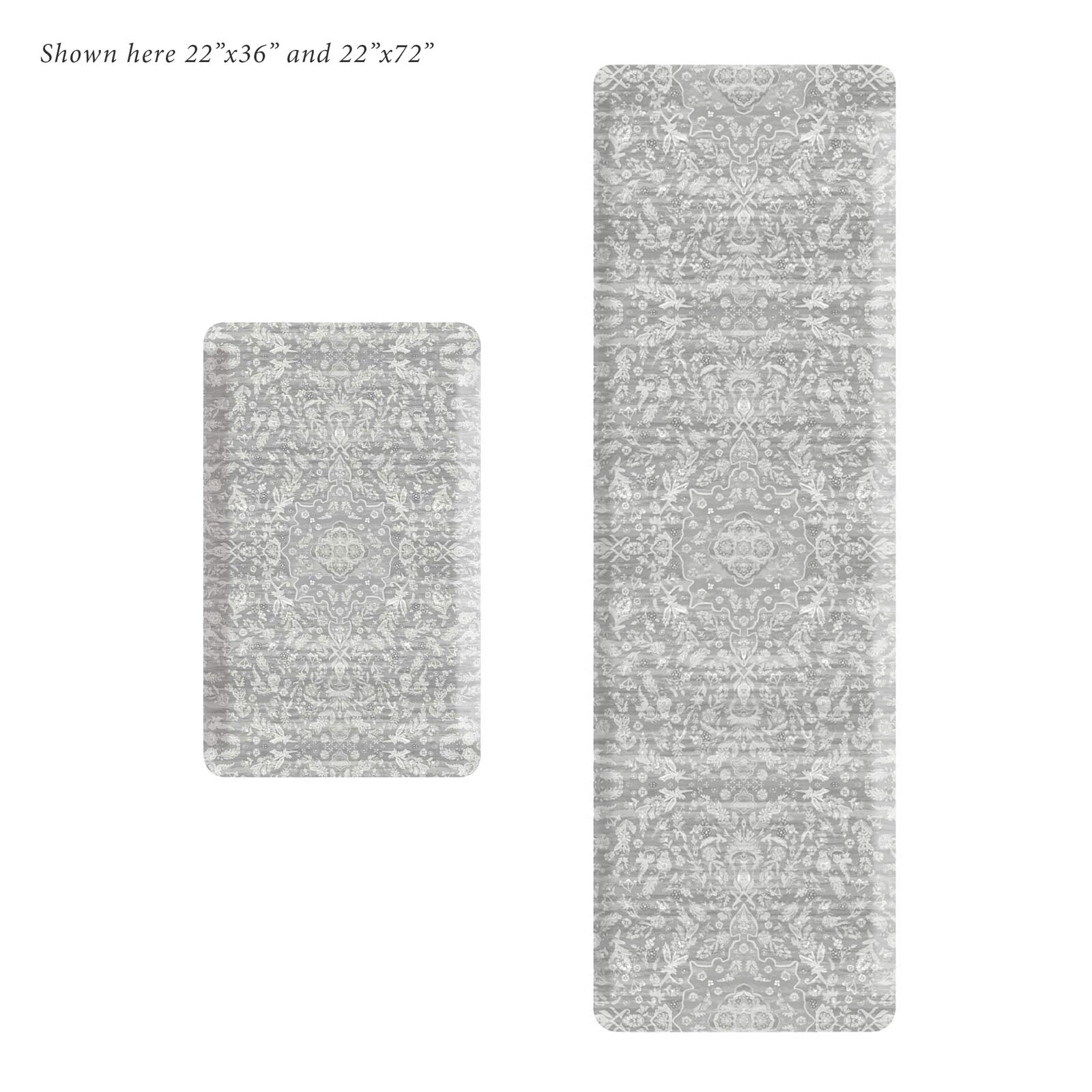Emile earl grey gray and cream floral standing mat shown in sizes 22x36 and 22x72