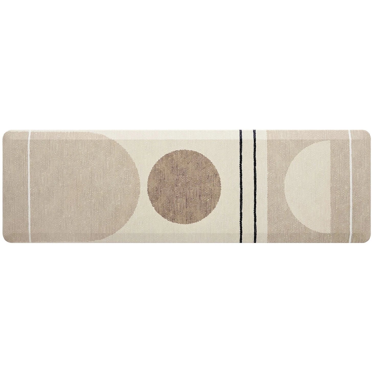 Overhead image of Geode Sesame beige, tan, and brown geometric line print standing mat in size 22x72