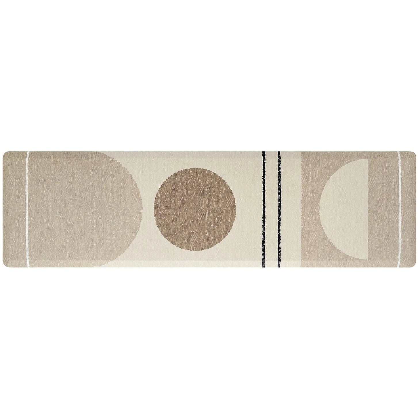 Overhead image of Geode Sesame beige, tan, and brown geometric line print standing mat in size 30x108