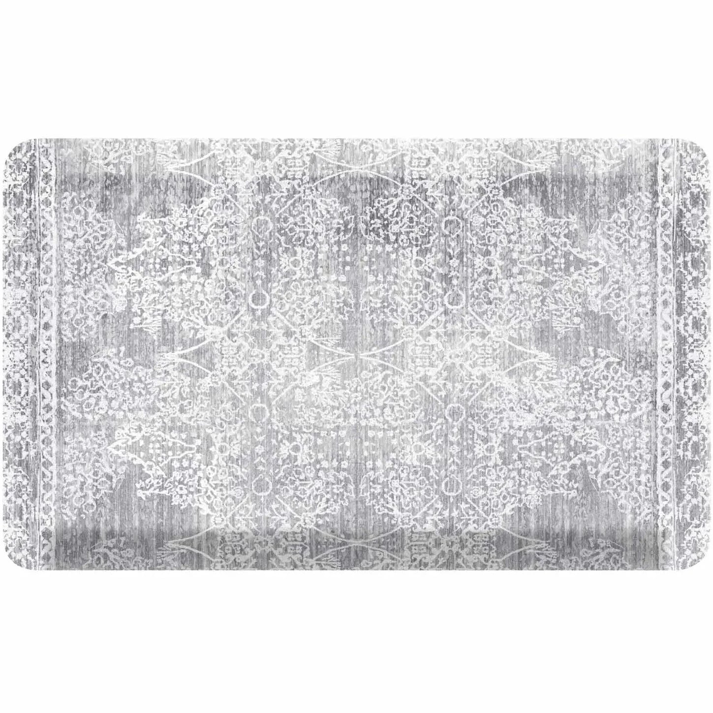 Gray neutral boho print kitchen mat shown in size 22x36
