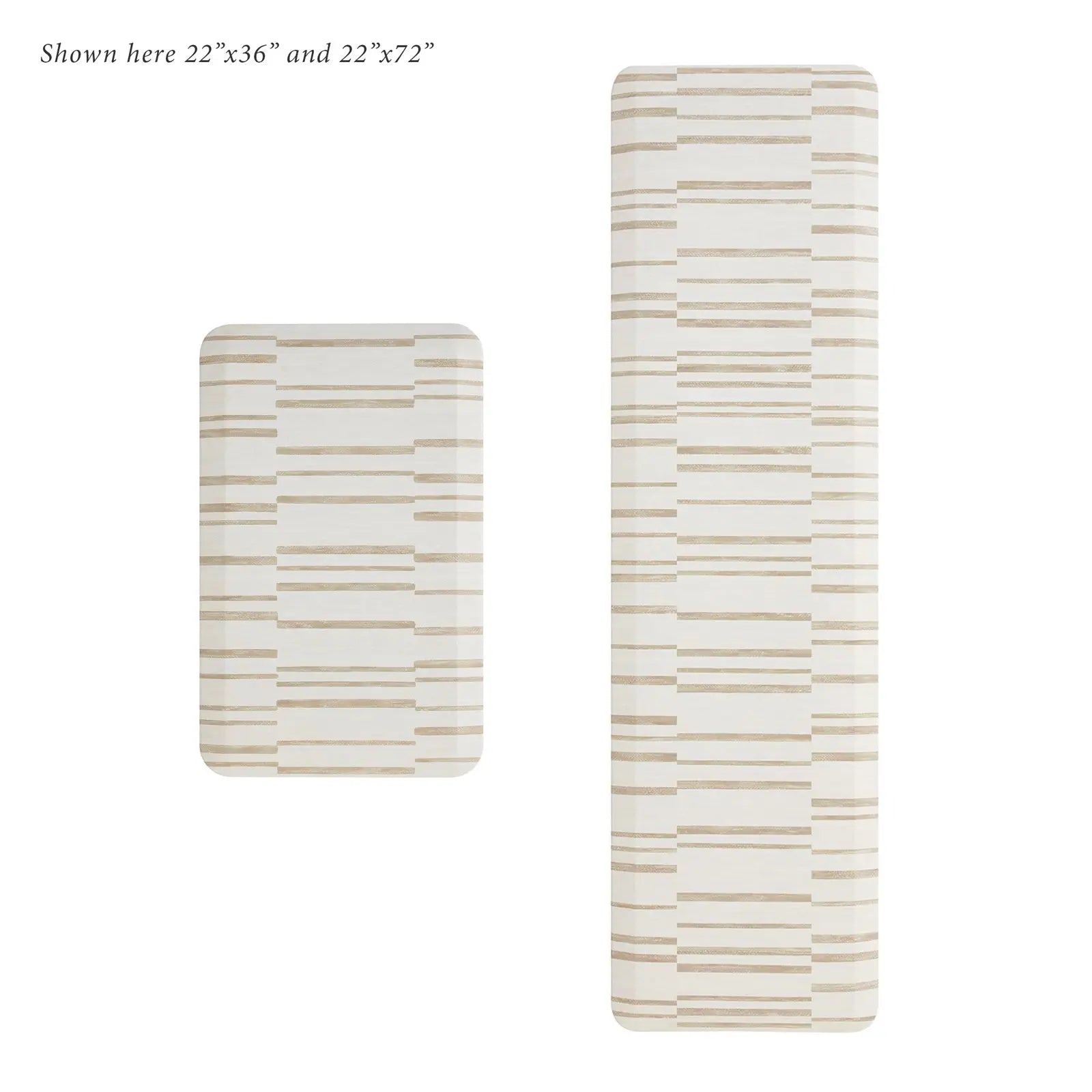 Beige inverted stripe kitchen mat shown in size 22x36 and 22x72