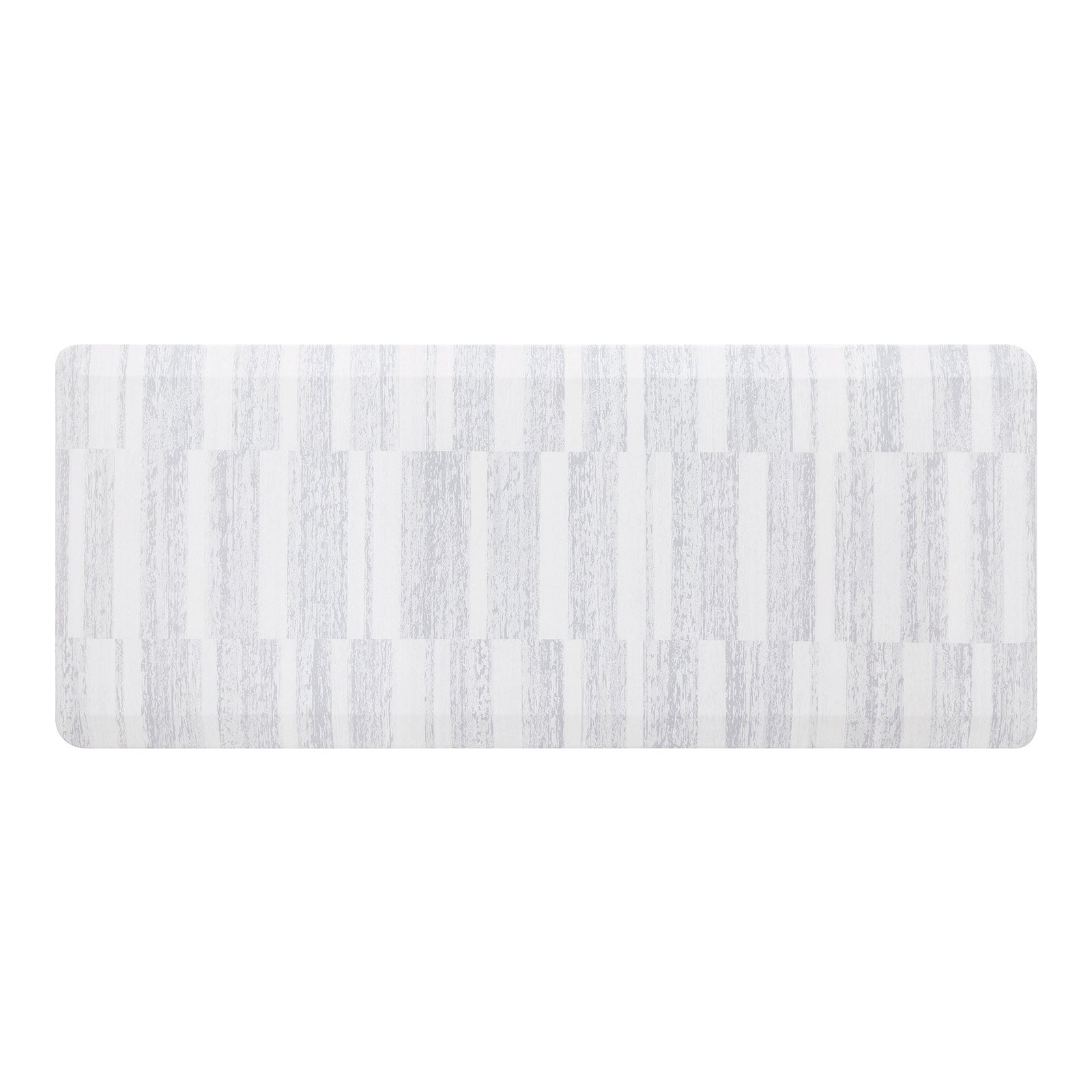 Overhead image of sutton stripe heather gray and white inverted stripe standing mat shown in size 22x54