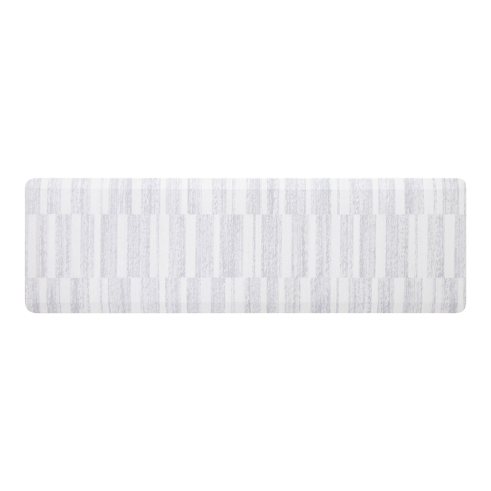 Overhead image of sutton stripe heather gray and white inverted stripe standing mat shown in size 22x72