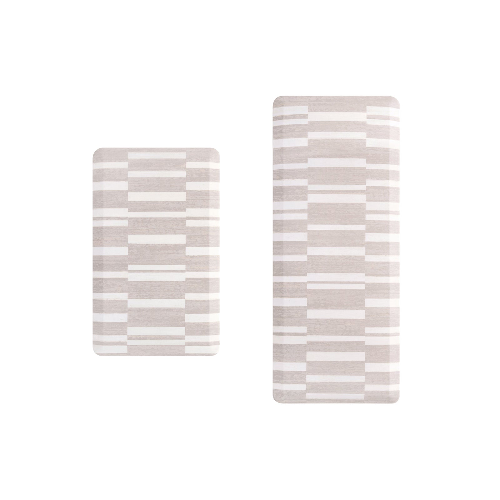 Overhead image of sutton stripe palomino beige and white inverted stripe standing mat shown in size 22x36 and 22x54