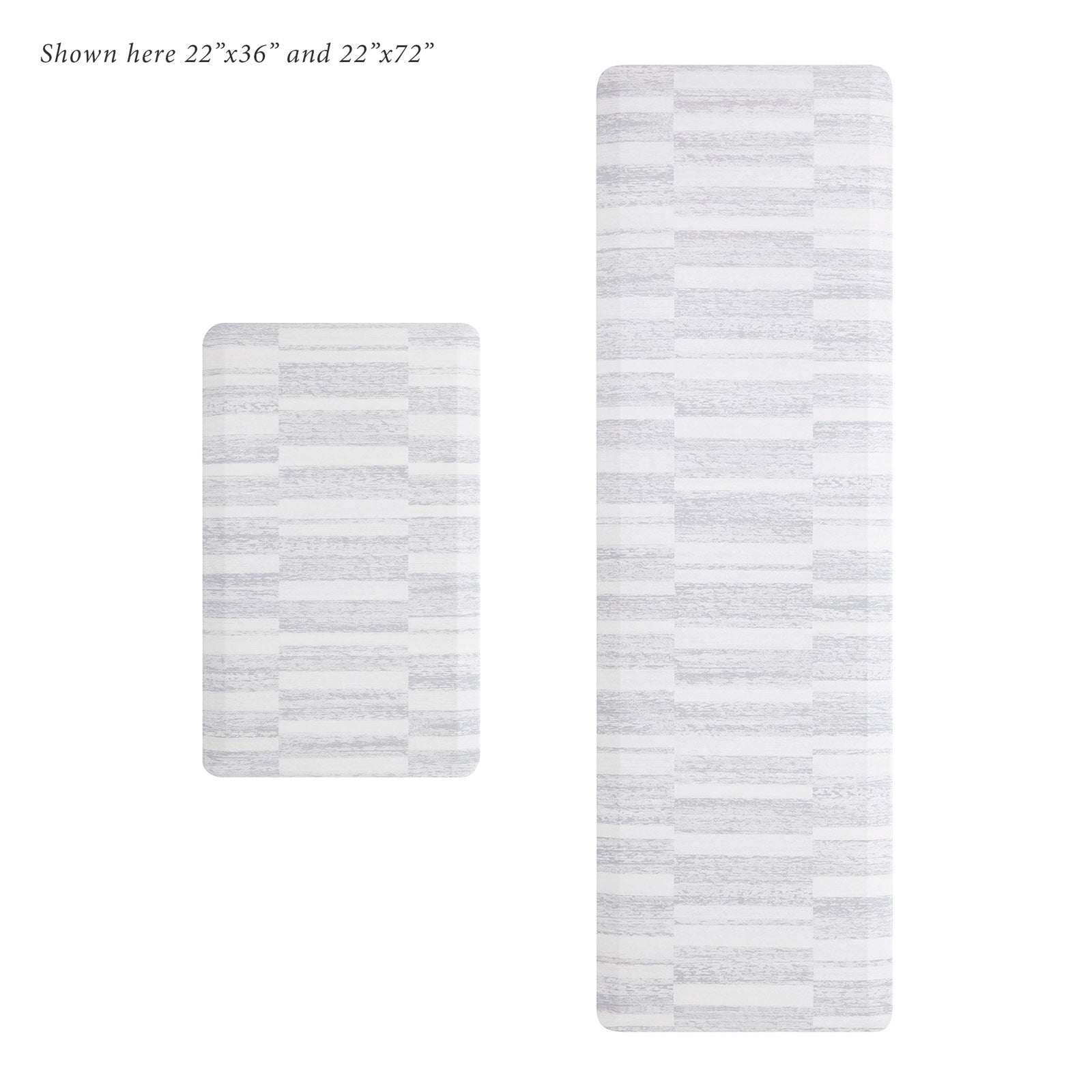 Overhead image of sutton stripe heather gray and white inverted stripe standing mat shown in size 22x36 and 22x72