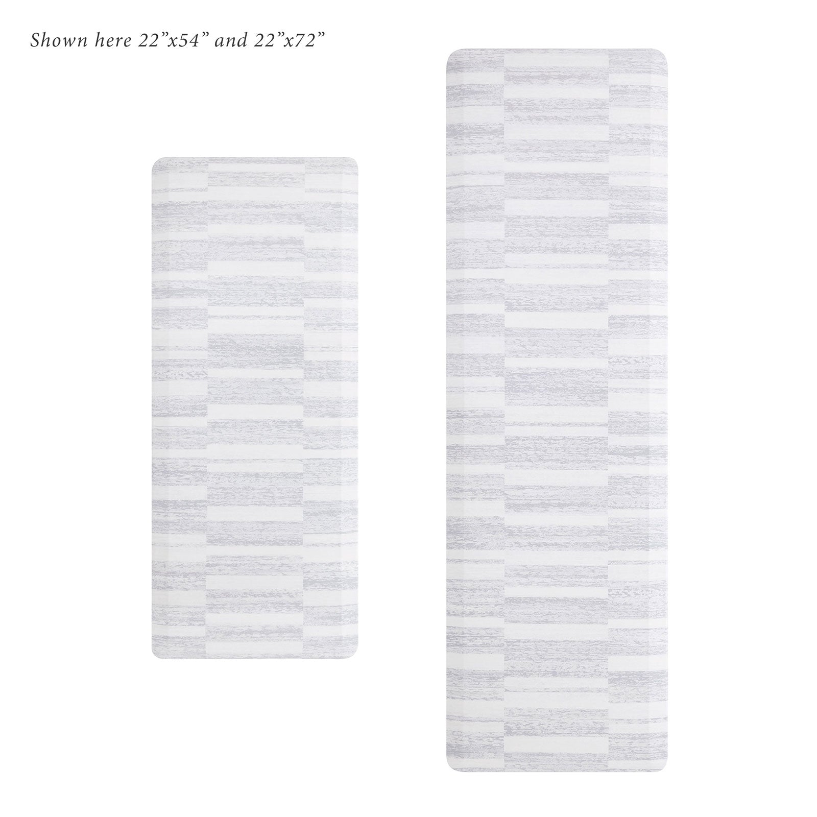 Overhead image of sutton stripe heather gray and white inverted stripe standing mat shown in size 22x54 and 22x72