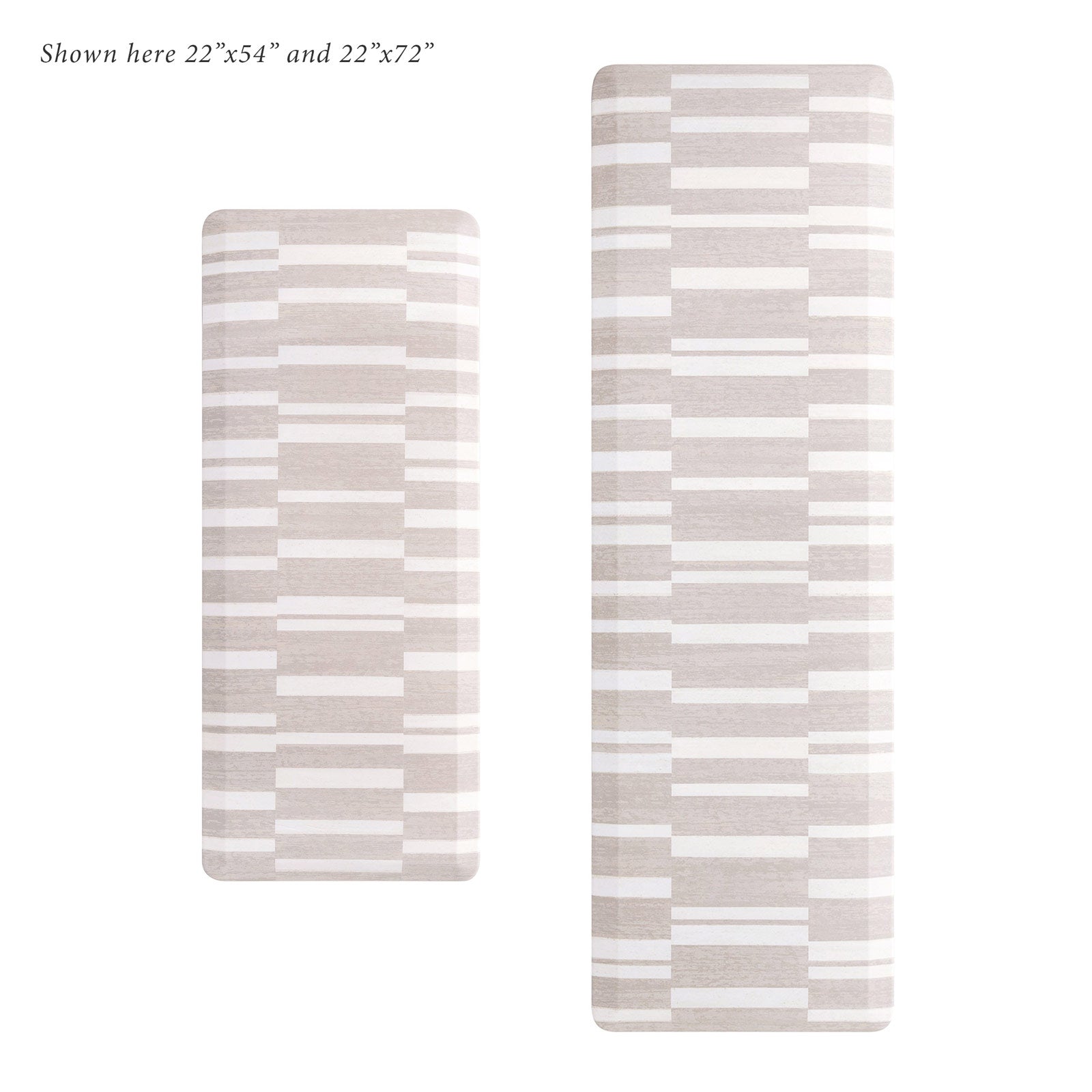 Overhead image of sutton stripe palomino beige and white inverted stripe standing mat shown in size 22x54 and 22x72